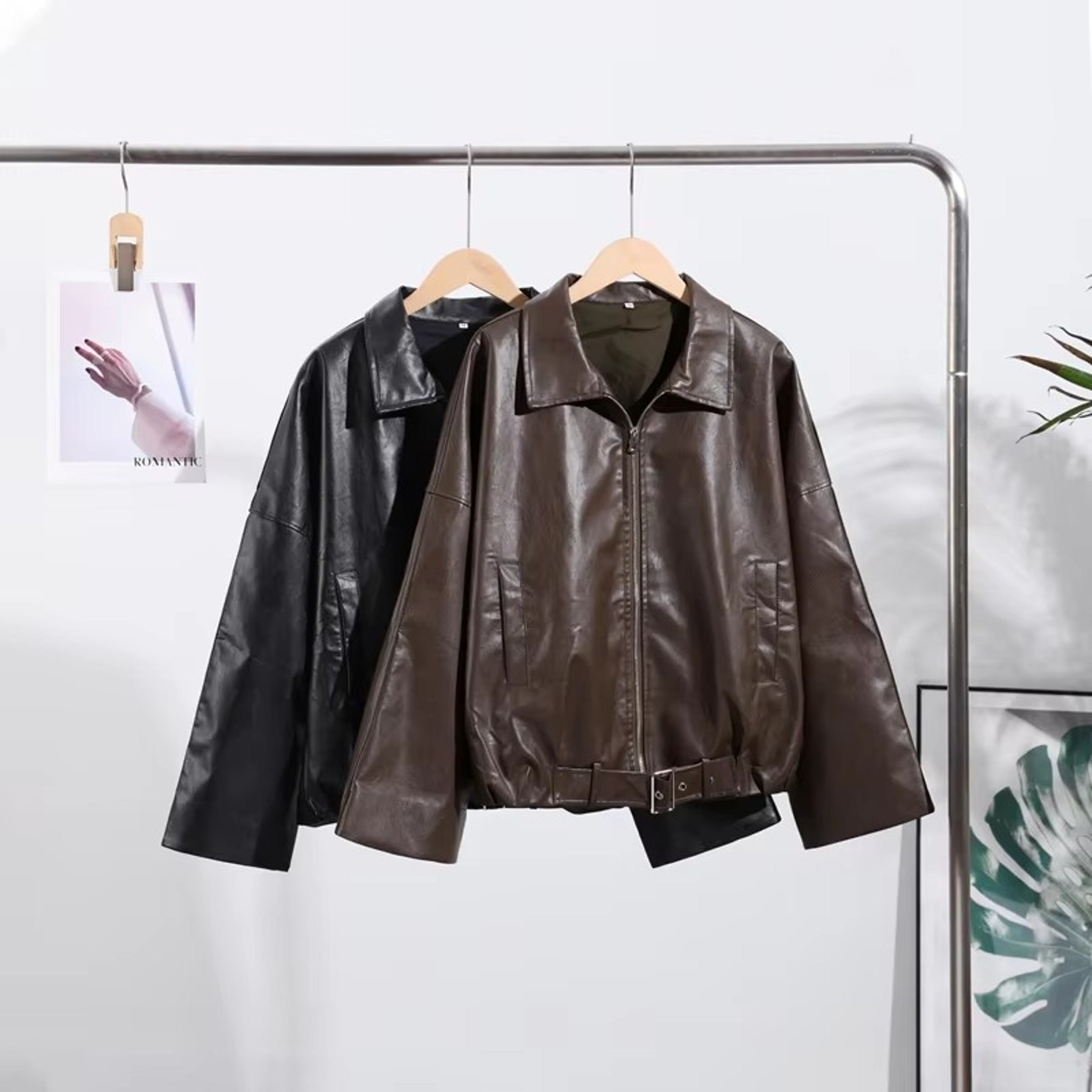 Womens Vintage Leather-Look Jacket with Zipper and Turn-Down Collar – view 1