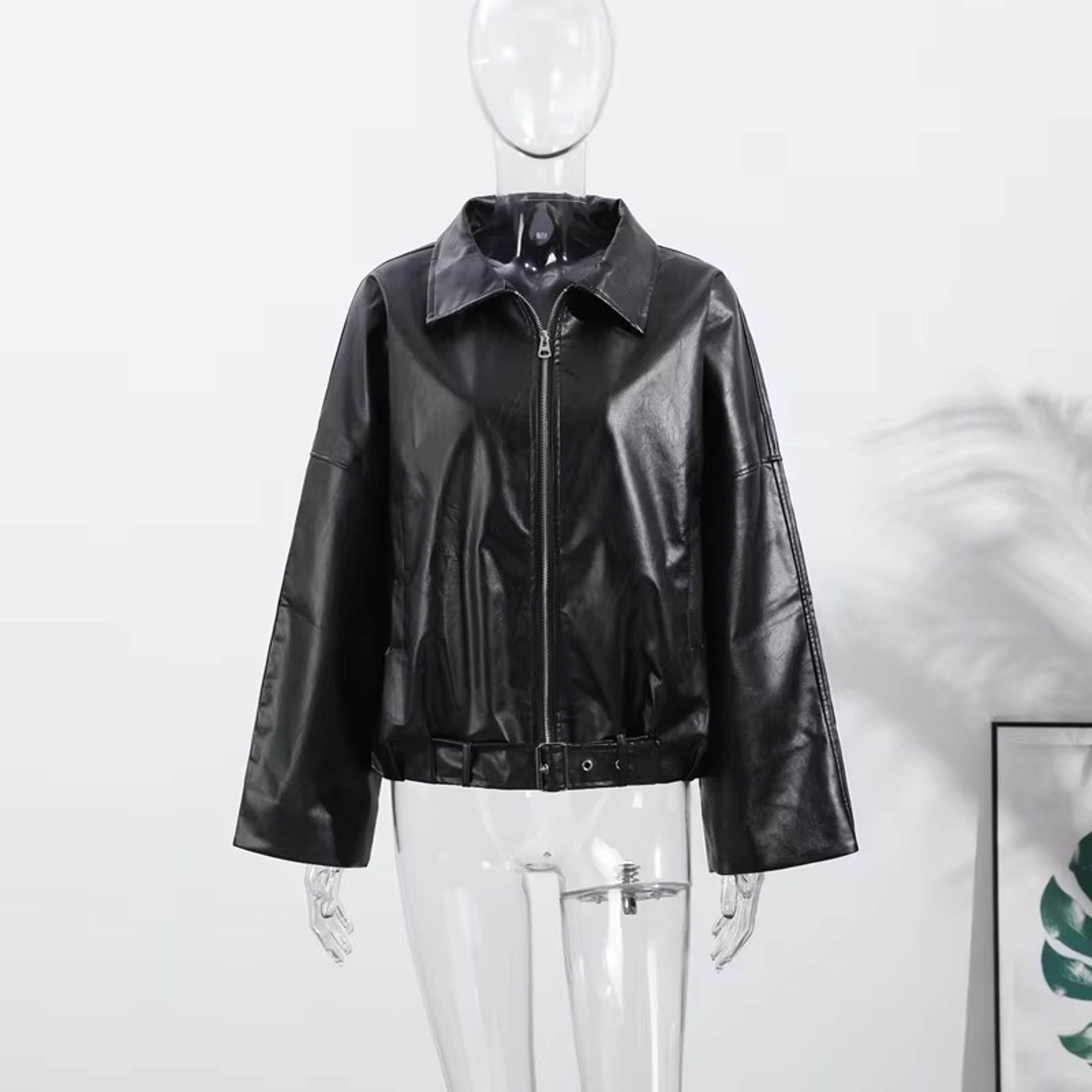 Womens Vintage Leather-Look Jacket with Zipper and Turn-Down Collar – view 9