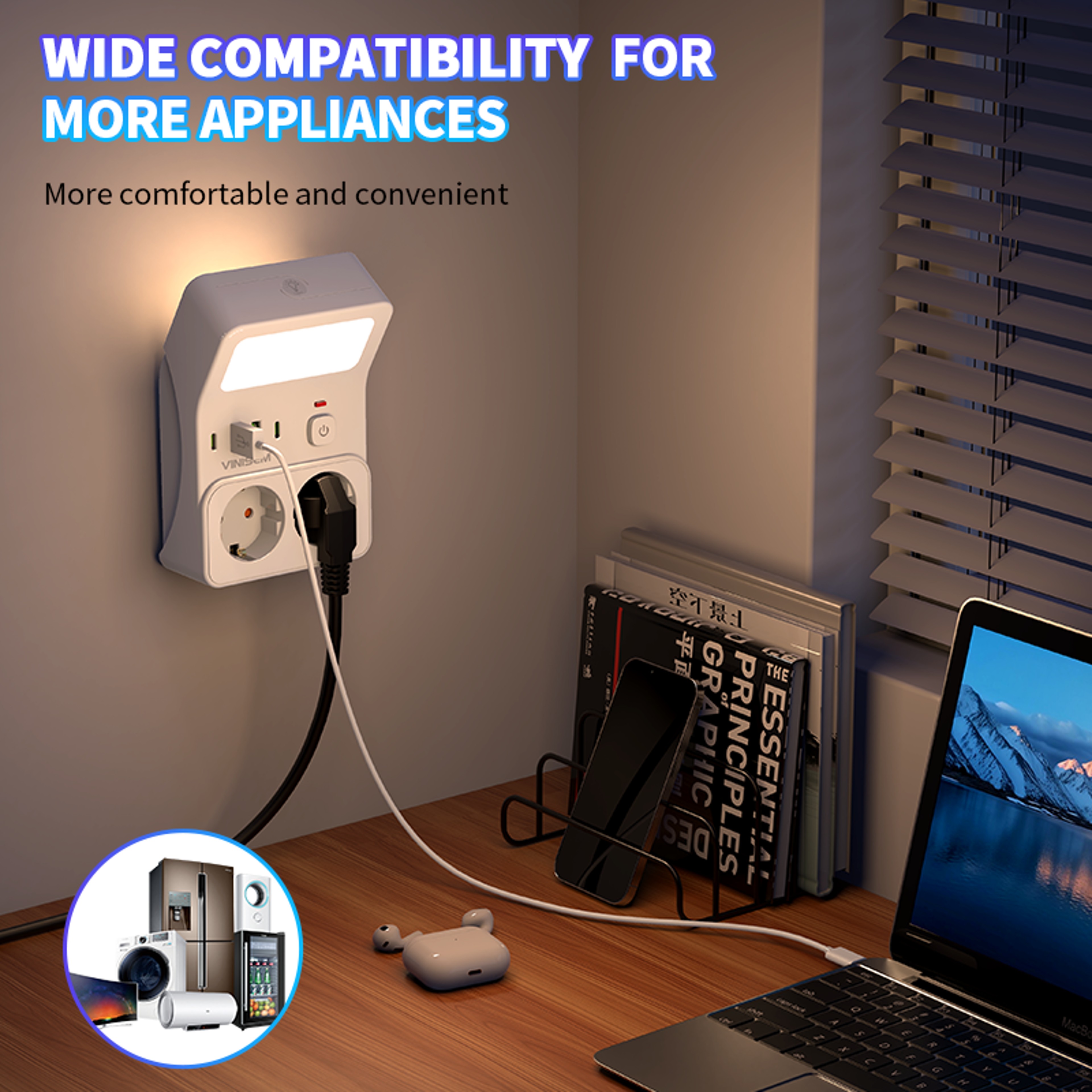 EU Plug Wall Socket Power Strip with AC Outlets and USB Charging Ports – view 2