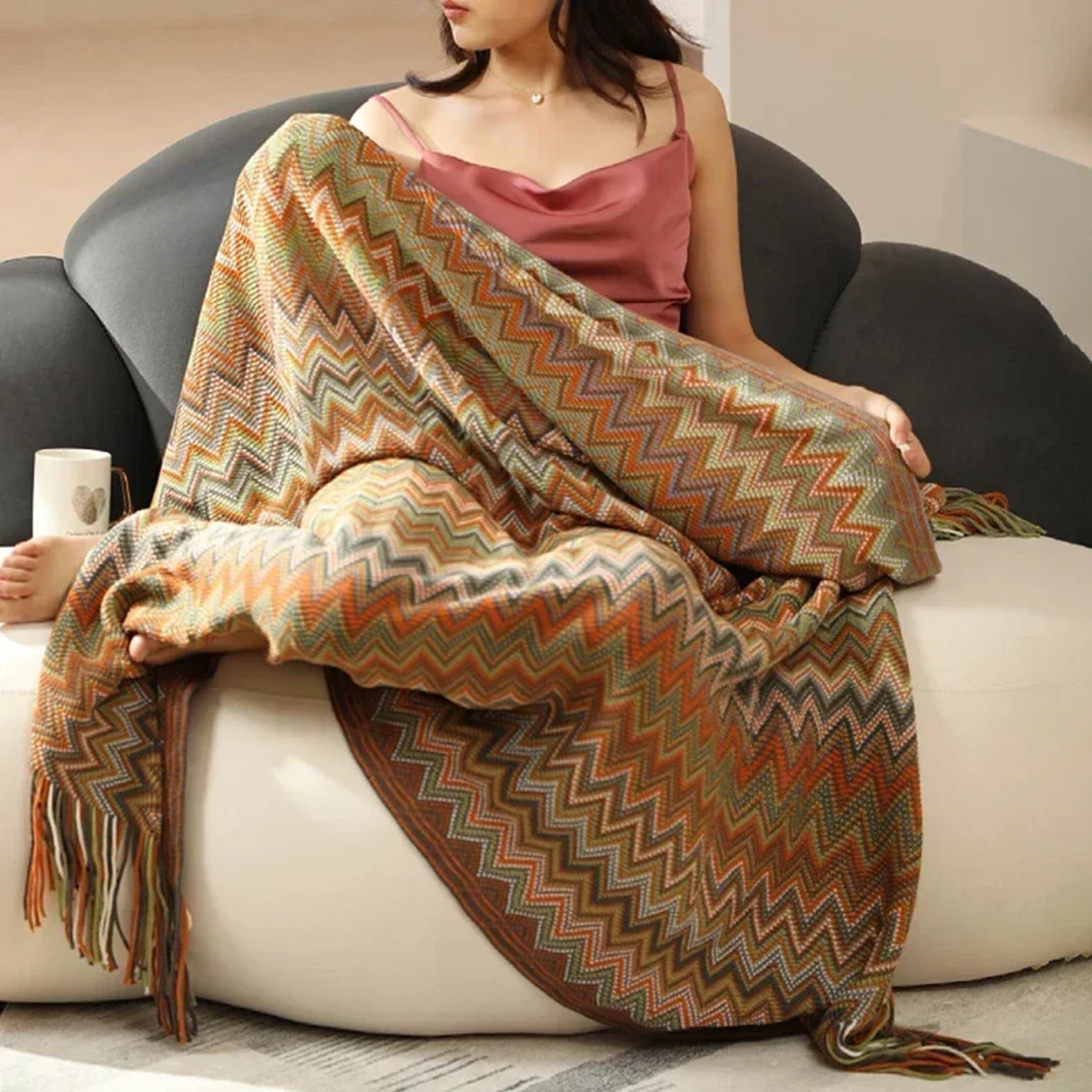Boho Aztec Geometric Throw Blanket with Striped Pattern for Sofa and Home Decor – view 5