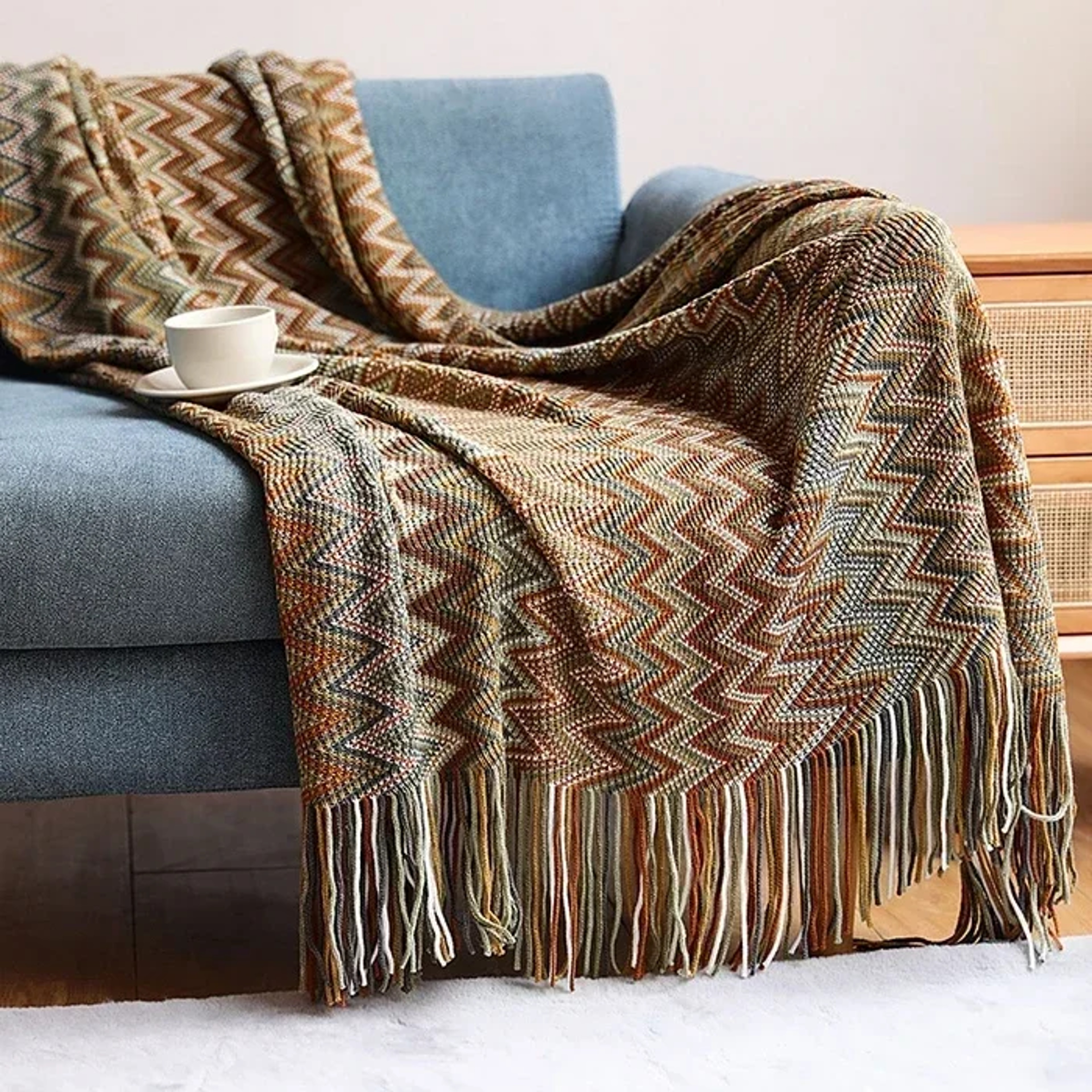 Boho Aztec Geometric Throw Blanket with Striped Pattern for Sofa and Home Decor – view 9