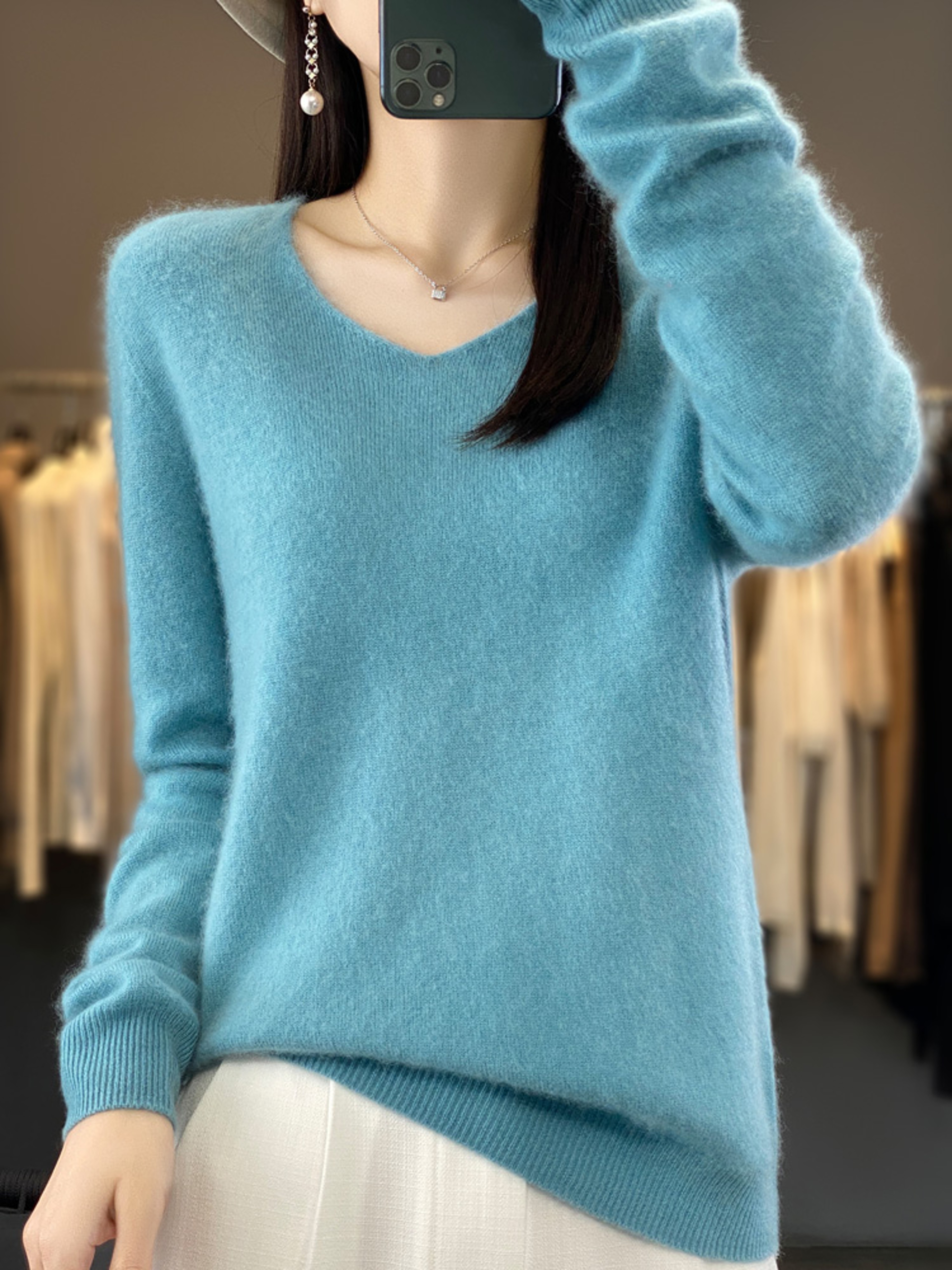 Womens Merino Wool Mock Neck Pullover Sweater Long Sleeve Knitwear – view 1