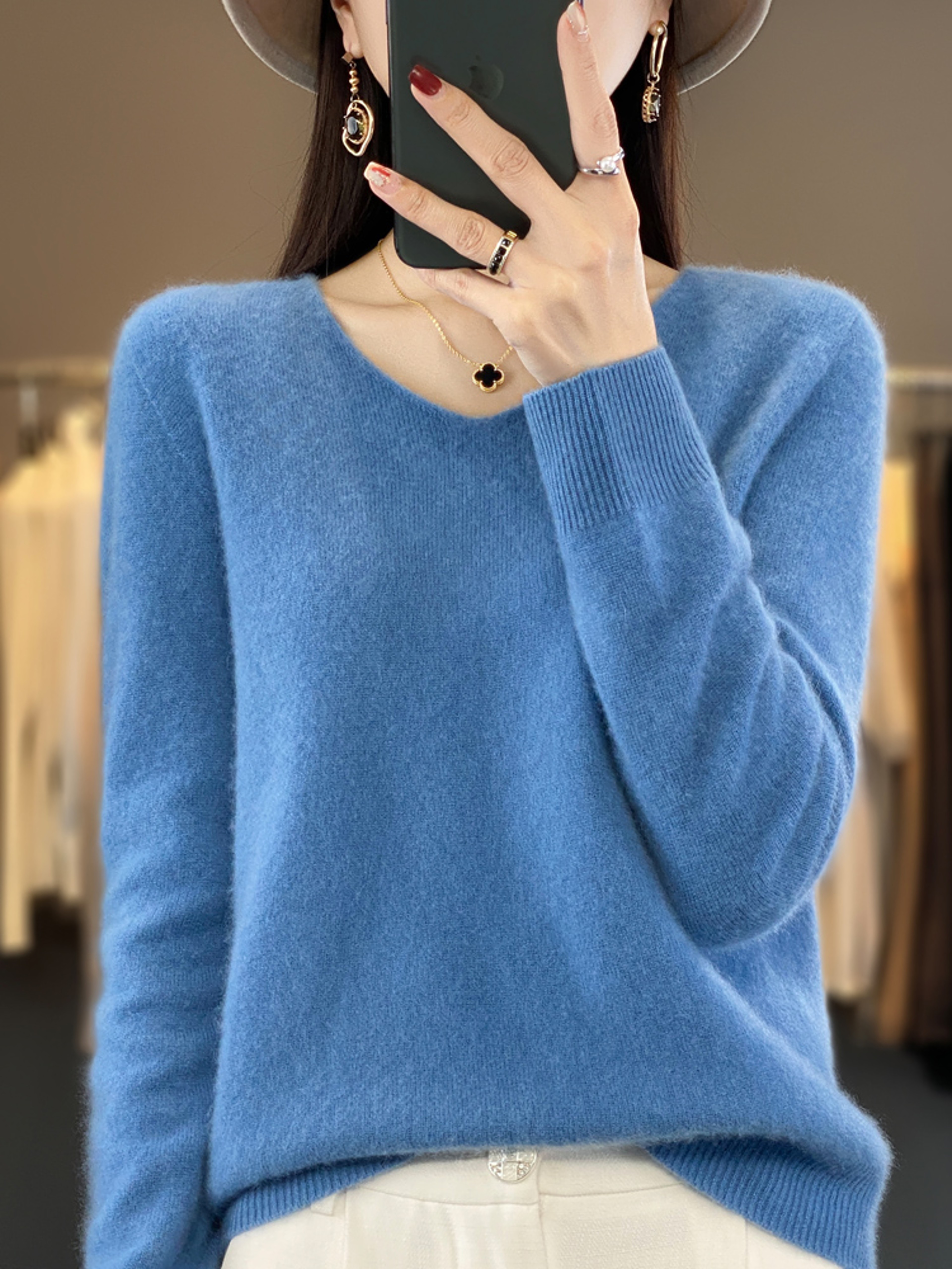 Womens Merino Wool Mock Neck Pullover Sweater Long Sleeve Knitwear – view 4