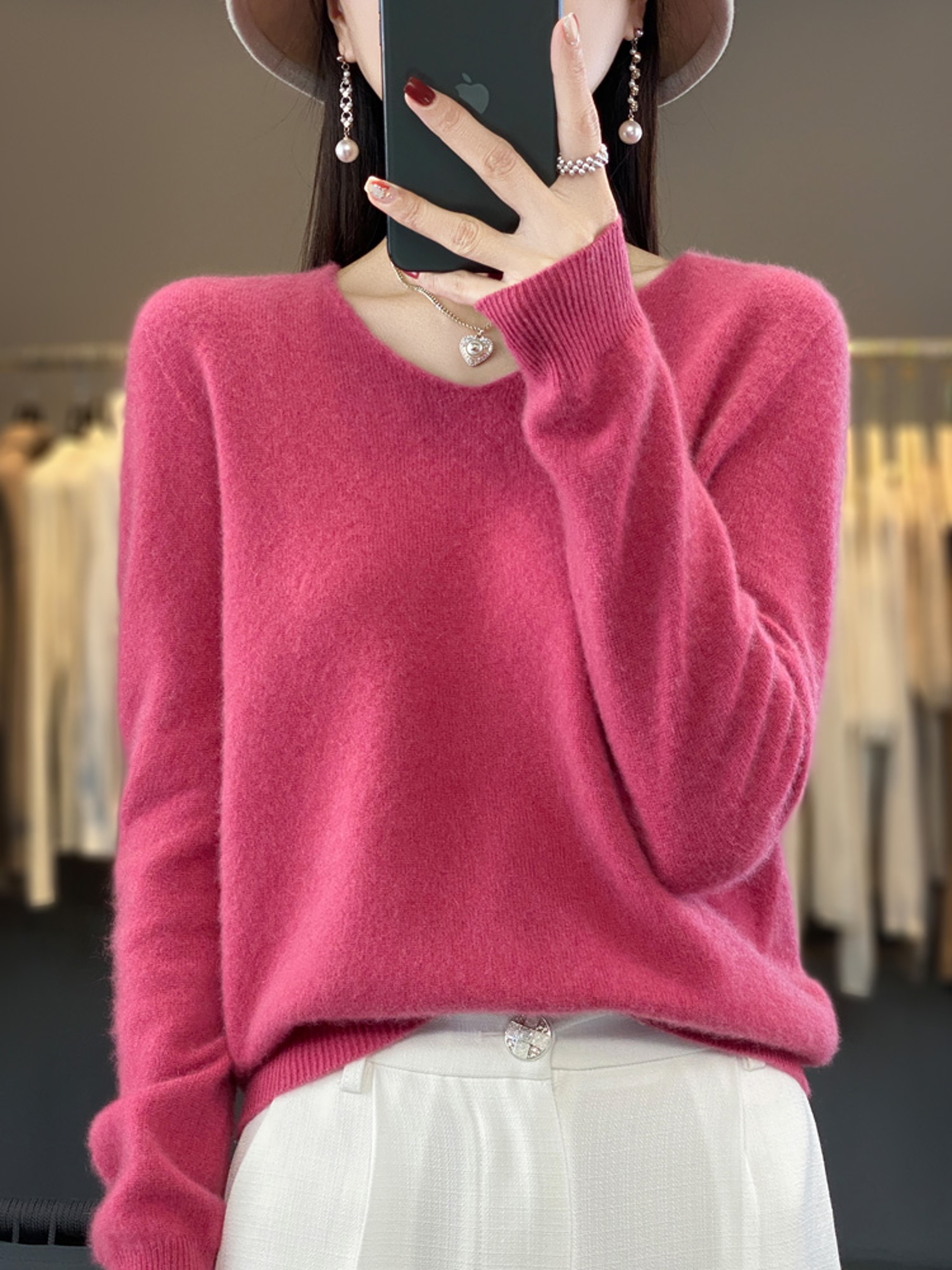 Womens Merino Wool Mock Neck Pullover Sweater Long Sleeve Knitwear – view 13