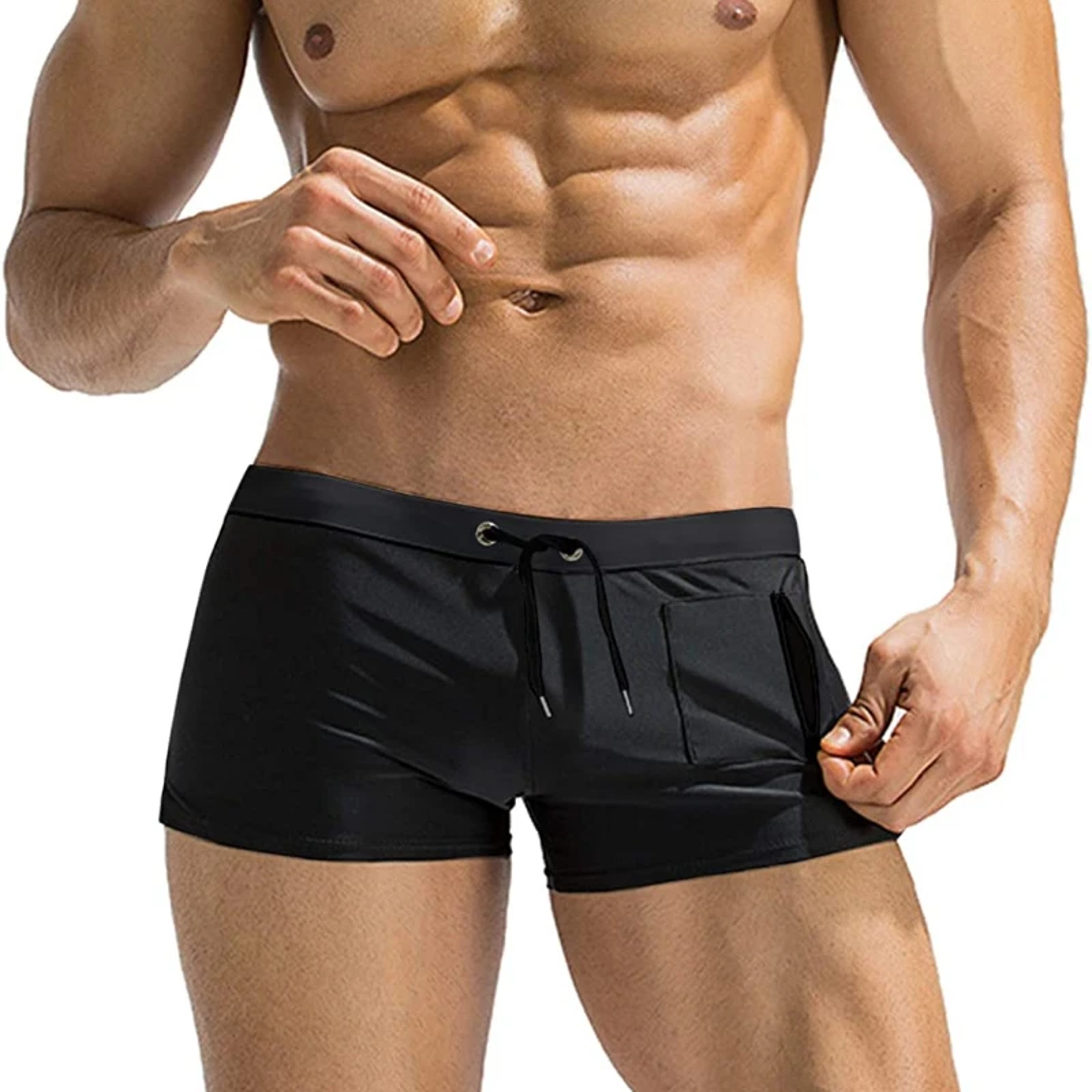 Mens Square Leg Swim Trunks with Zipper Pocket and Mesh Liner – view 1