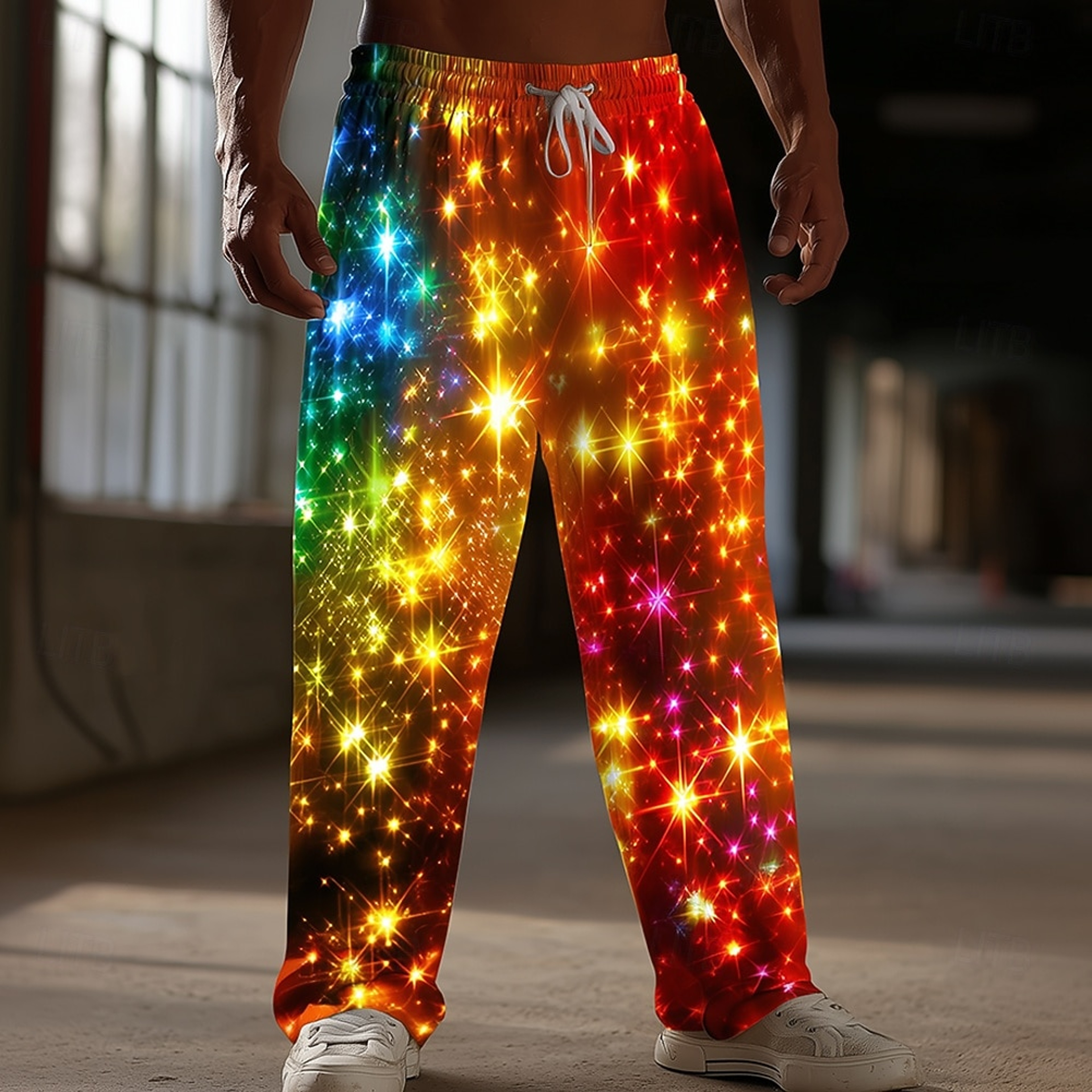 Mens Christmas Light Glitter Pants with Drawstring Waist and Wide Legs – view 8