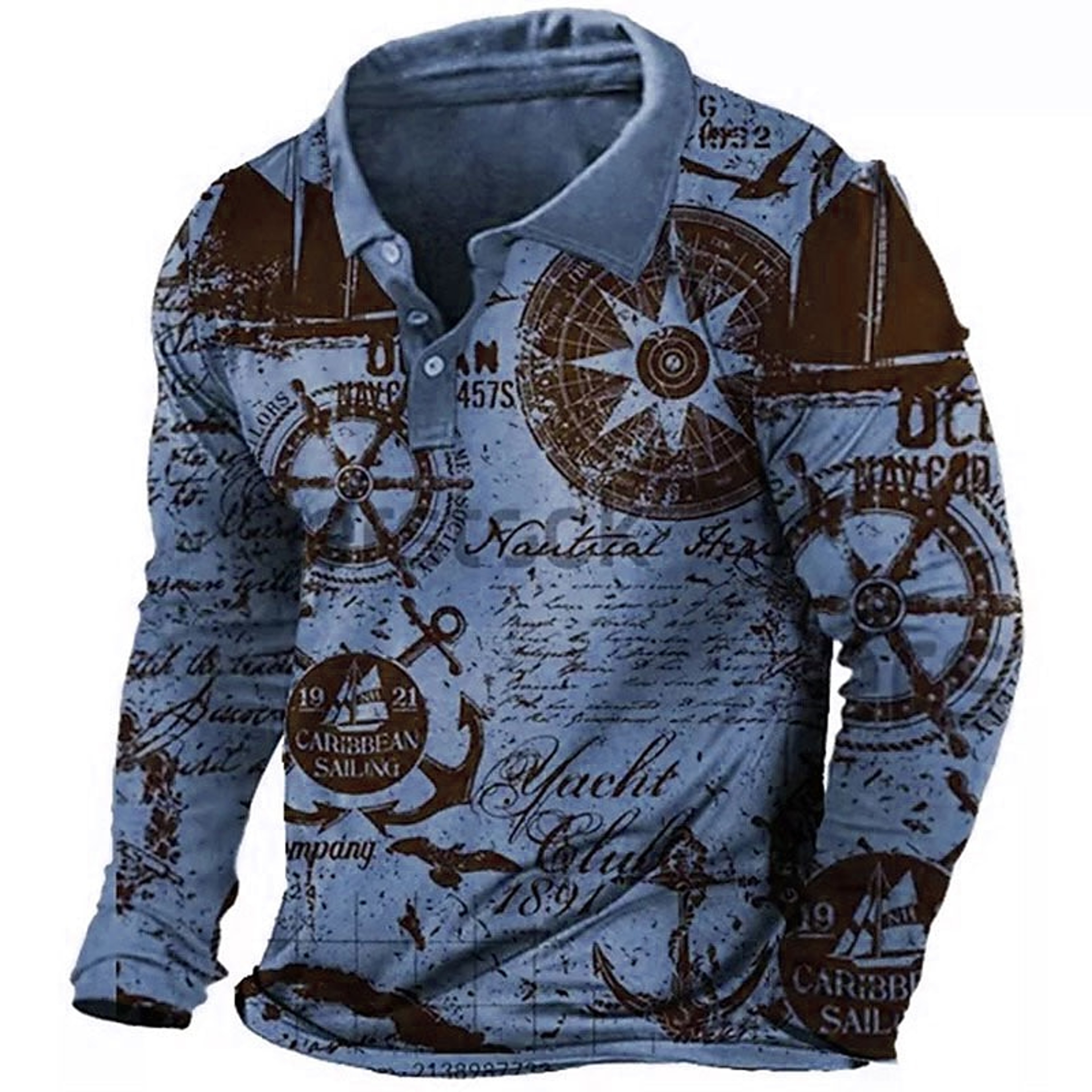 Mens Nautical Compass Long Sleeve Polo Shirt with Gradient Print – view 2