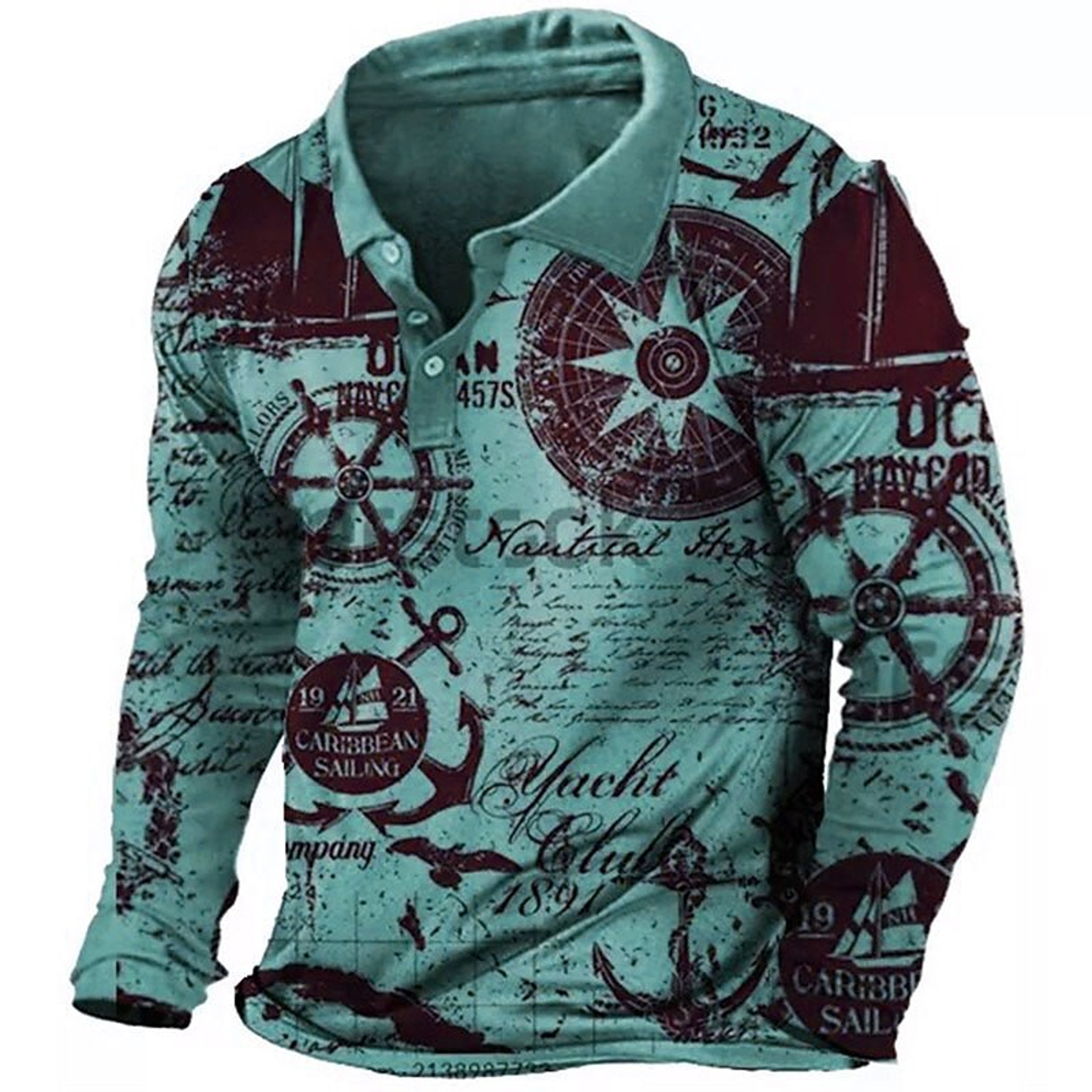 Mens Nautical Compass Long Sleeve Polo Shirt with Gradient Print – view 7