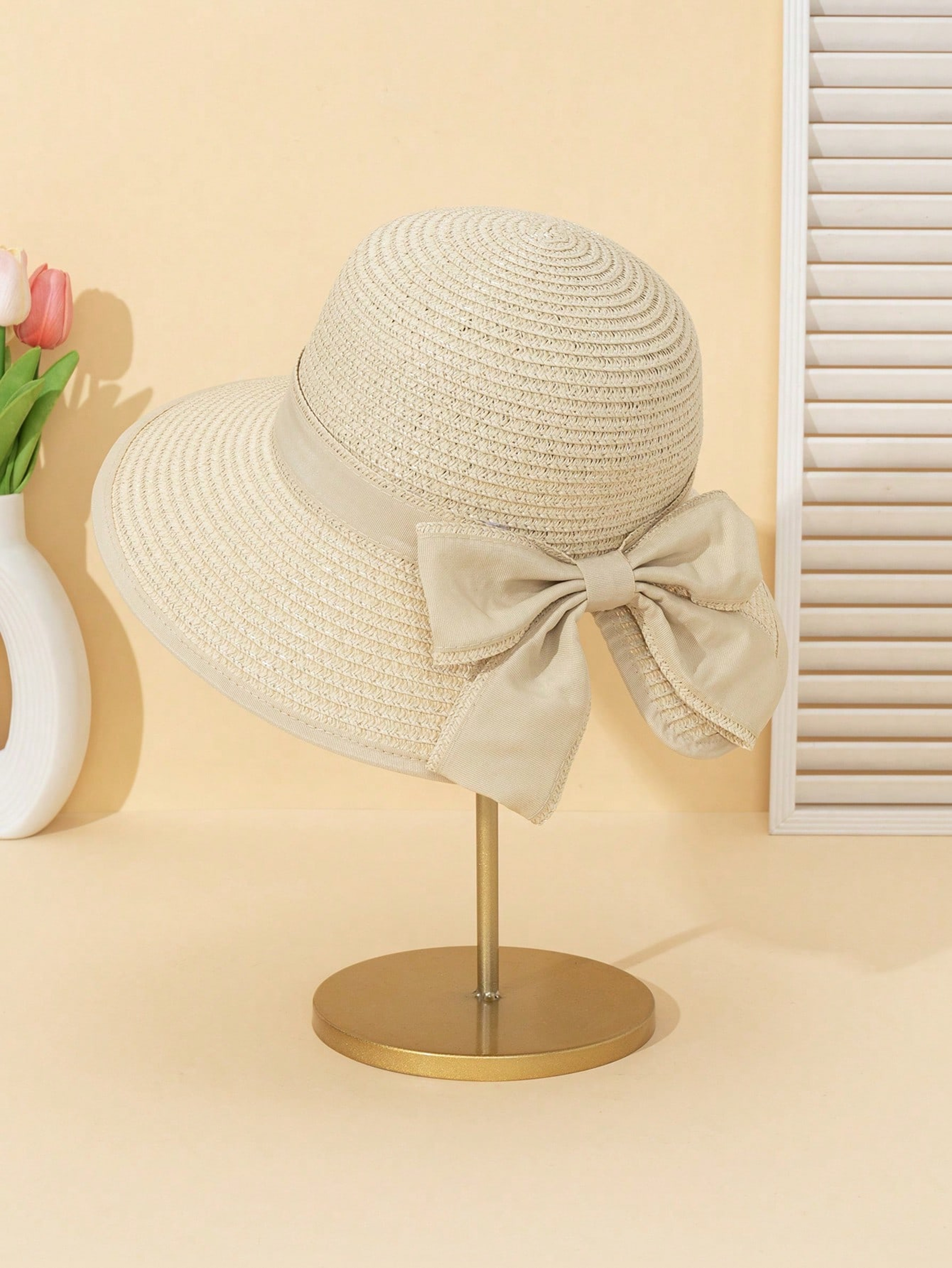 Womens UV Protection Straw Sun Hat With Bow Lightweight Beach Sun Hat 1