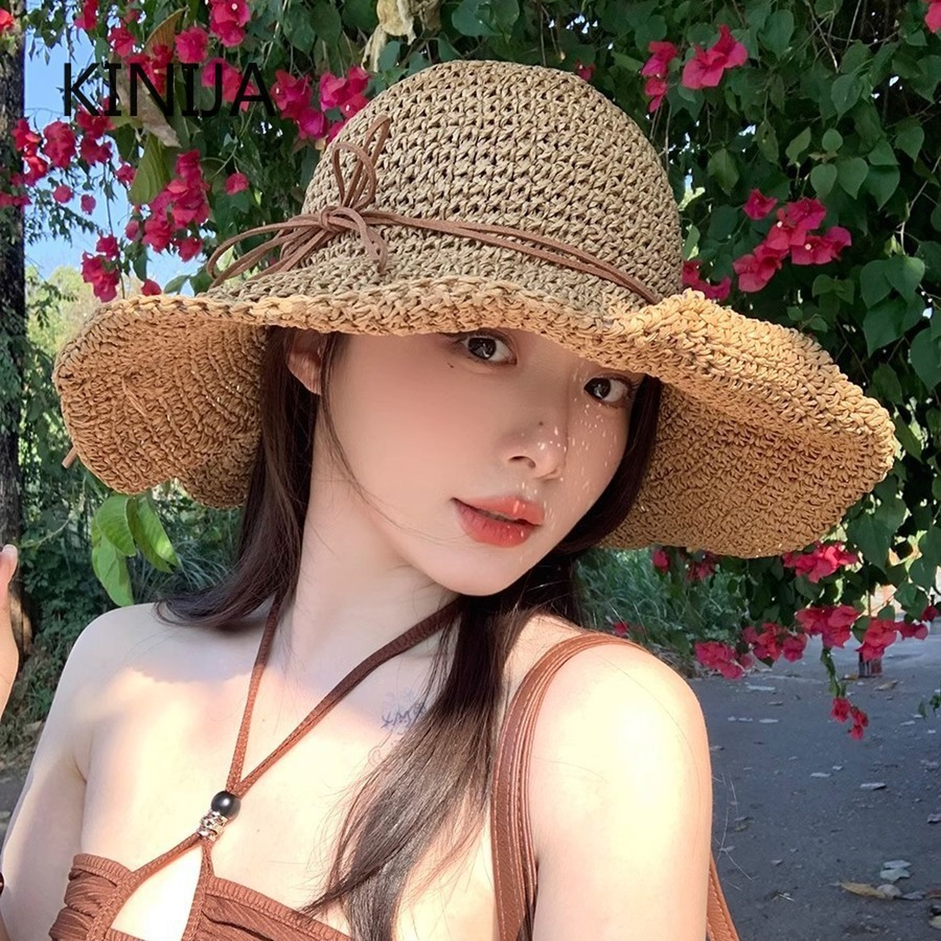 Elegant Wide Brim Beach Straw Sun Hat With Bow For Women 0