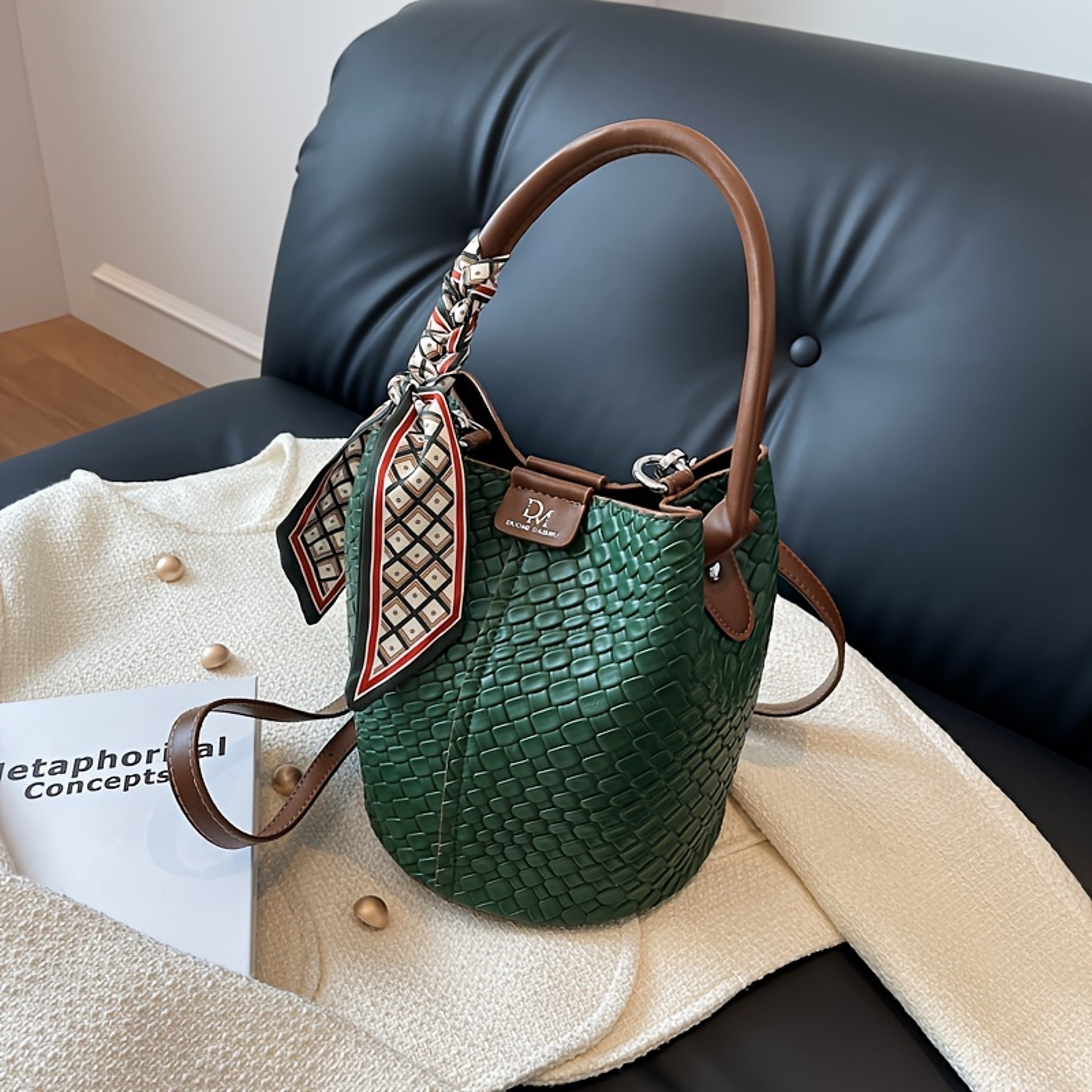 Elegant Woven Womens Bucket Bag Crossbody Shoulder Purse With Top Handle 0