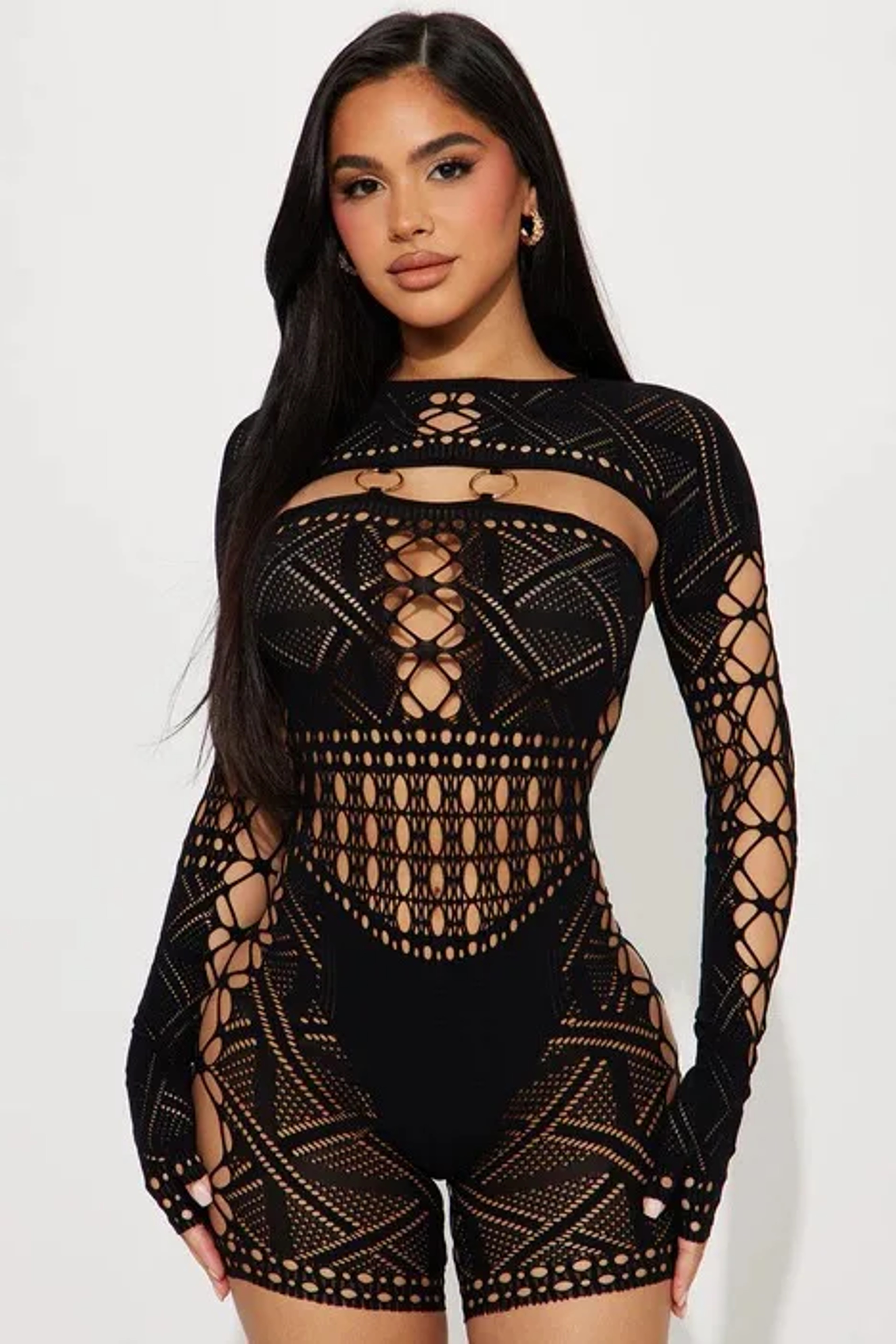 Sheer Mesh Jumpsuit Sexy Long Sleeve Clubwear Bodysuit Romper 1