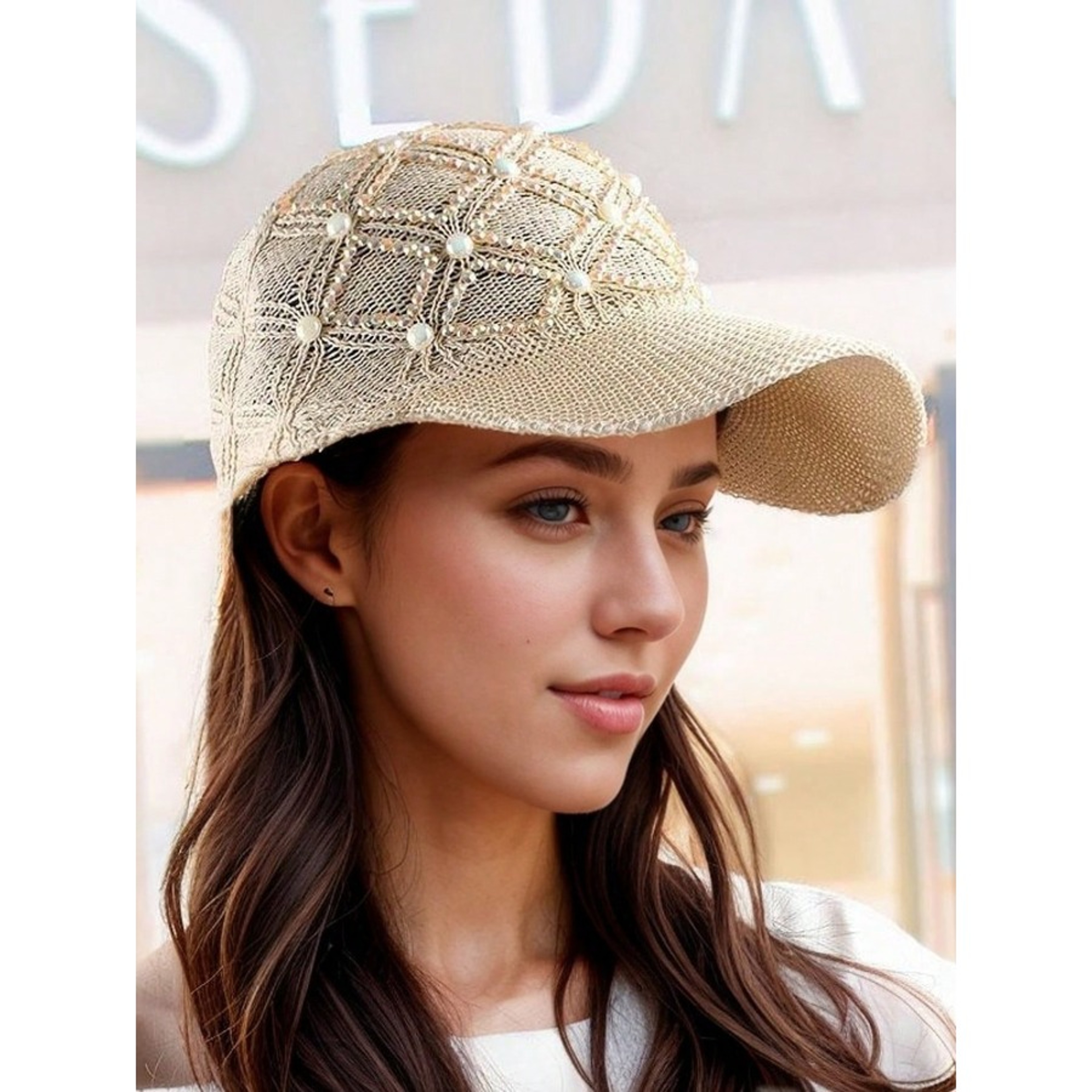 Womens Mesh Baseball Cap With Pearl Clover Design Adjustable Sun Protection Hat 8