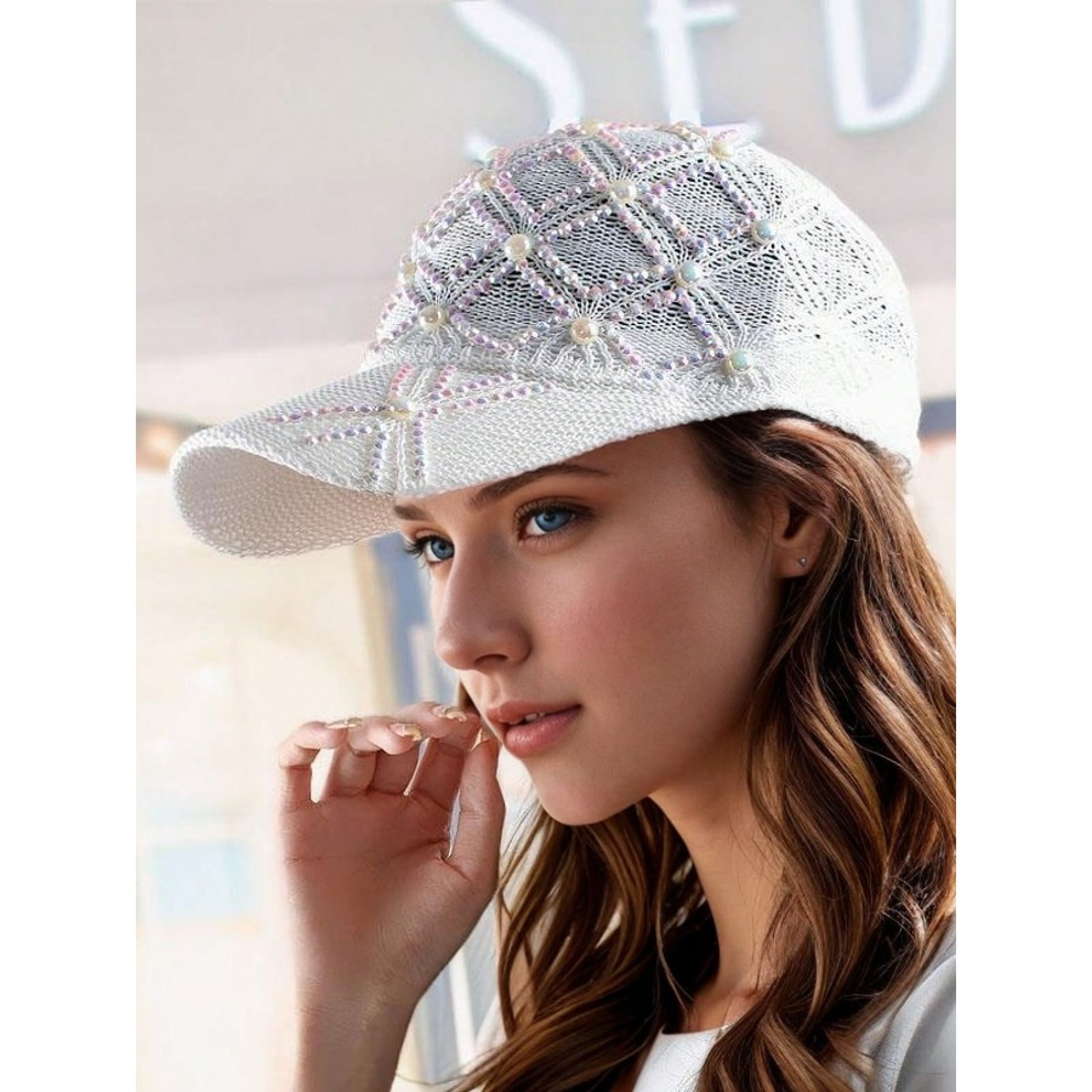 Womens Mesh Baseball Cap With Pearl Clover Design Adjustable Sun Protection Hat 9