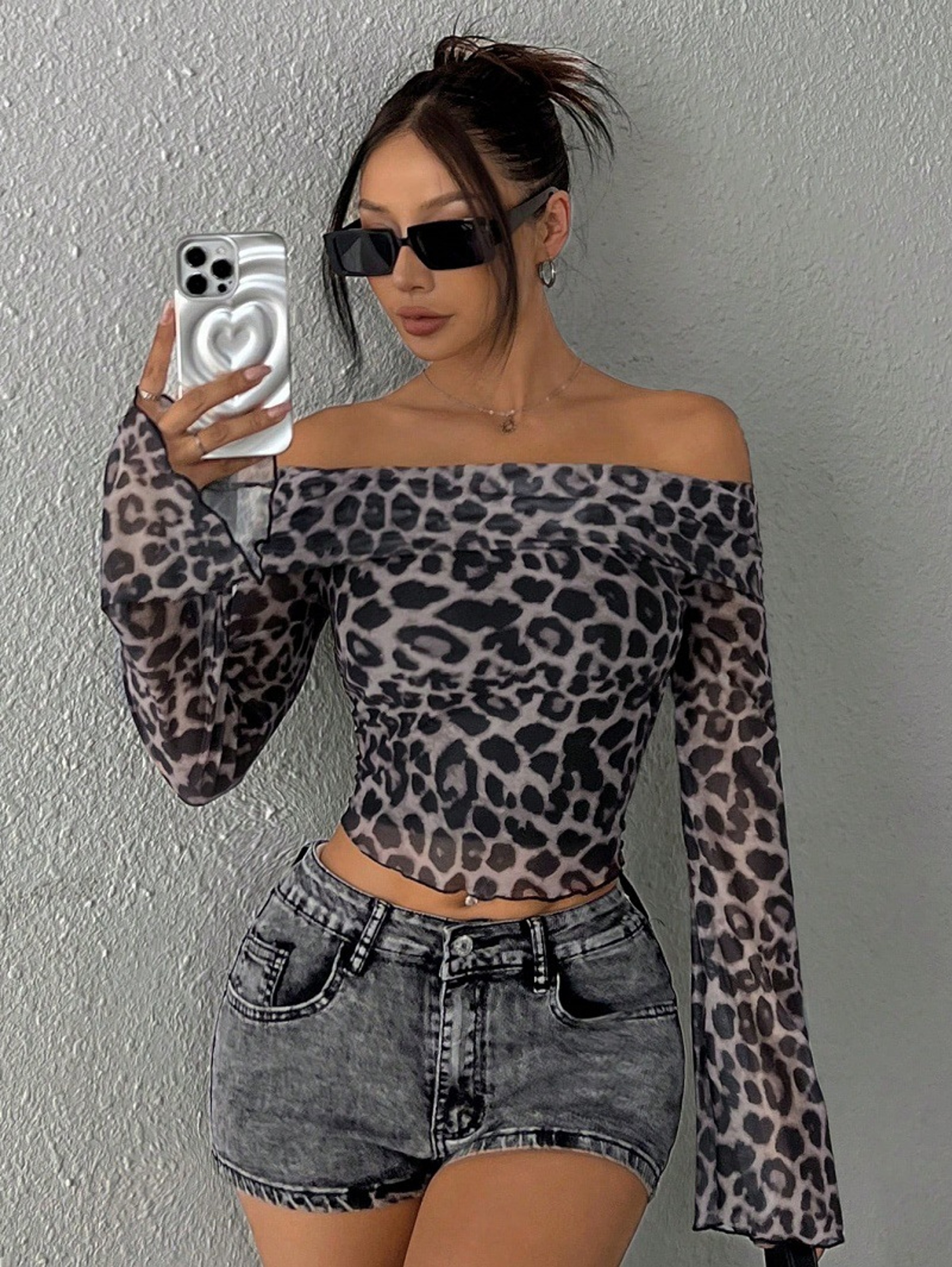Leopard Off Shoulder Top For Women Long Sleeve Knit Streetwear Shirt 0