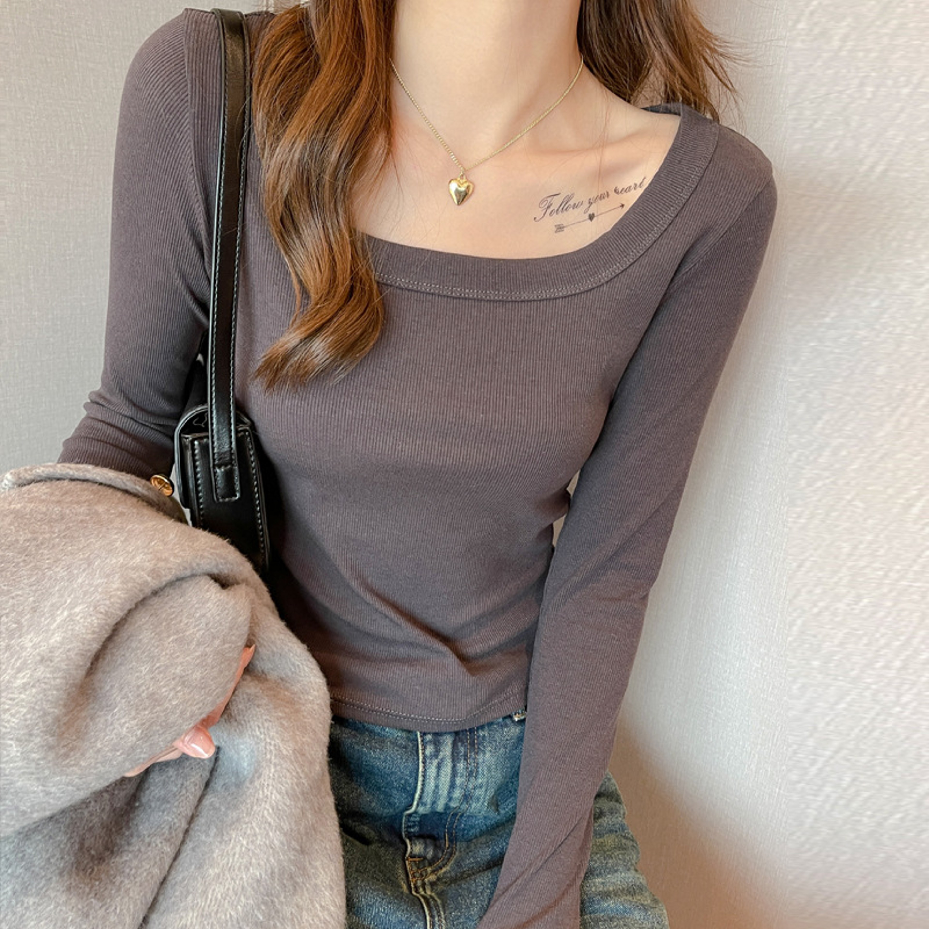 Korean Square Neck Ribbed Knit Top Slim Fit Long Sleeve Crop Top For Women 1