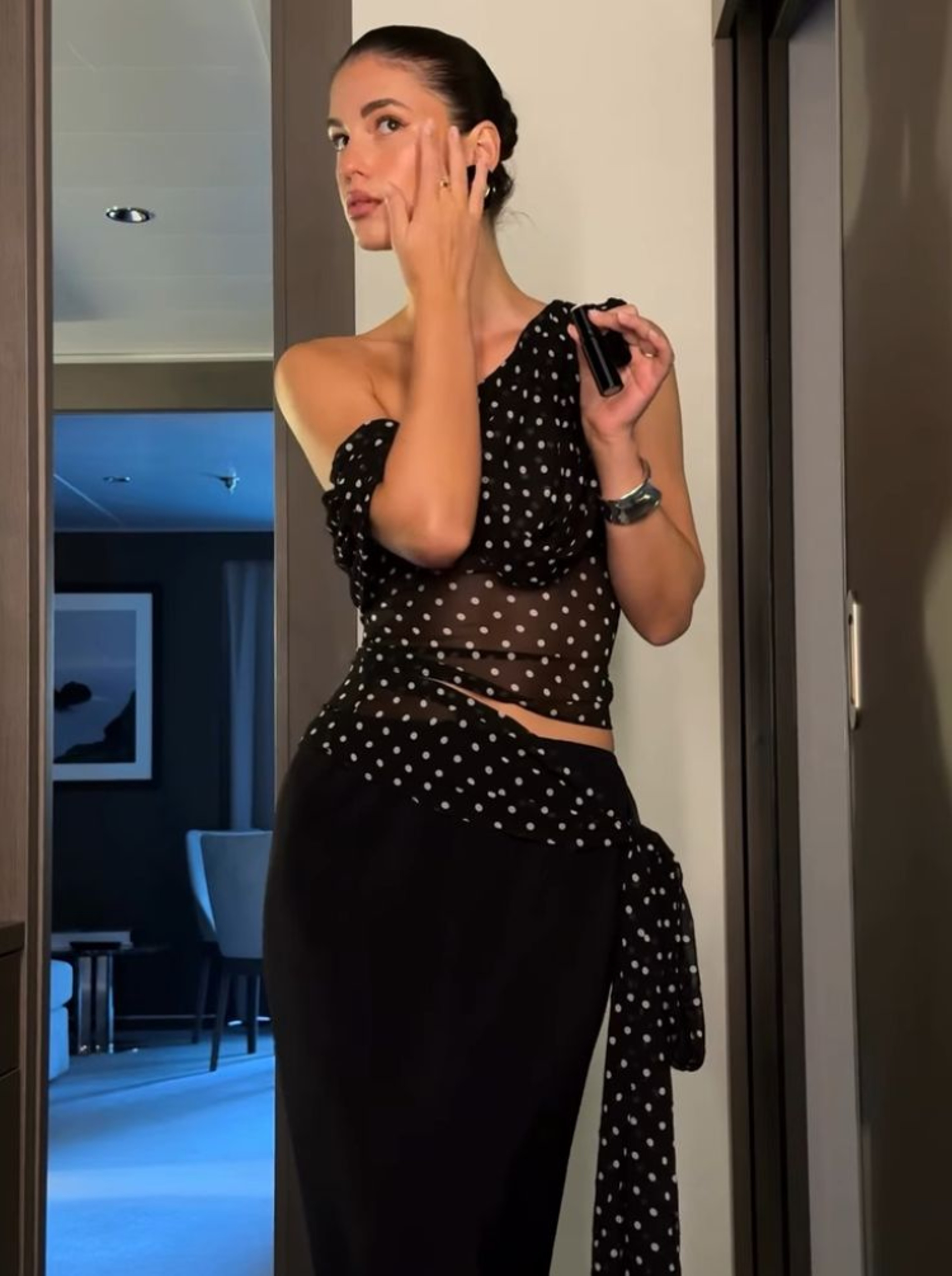 Elegant One Shoulder Crop Top For Women Sheer Mesh Polka Dot Sleeveless Summer Party Top 3
