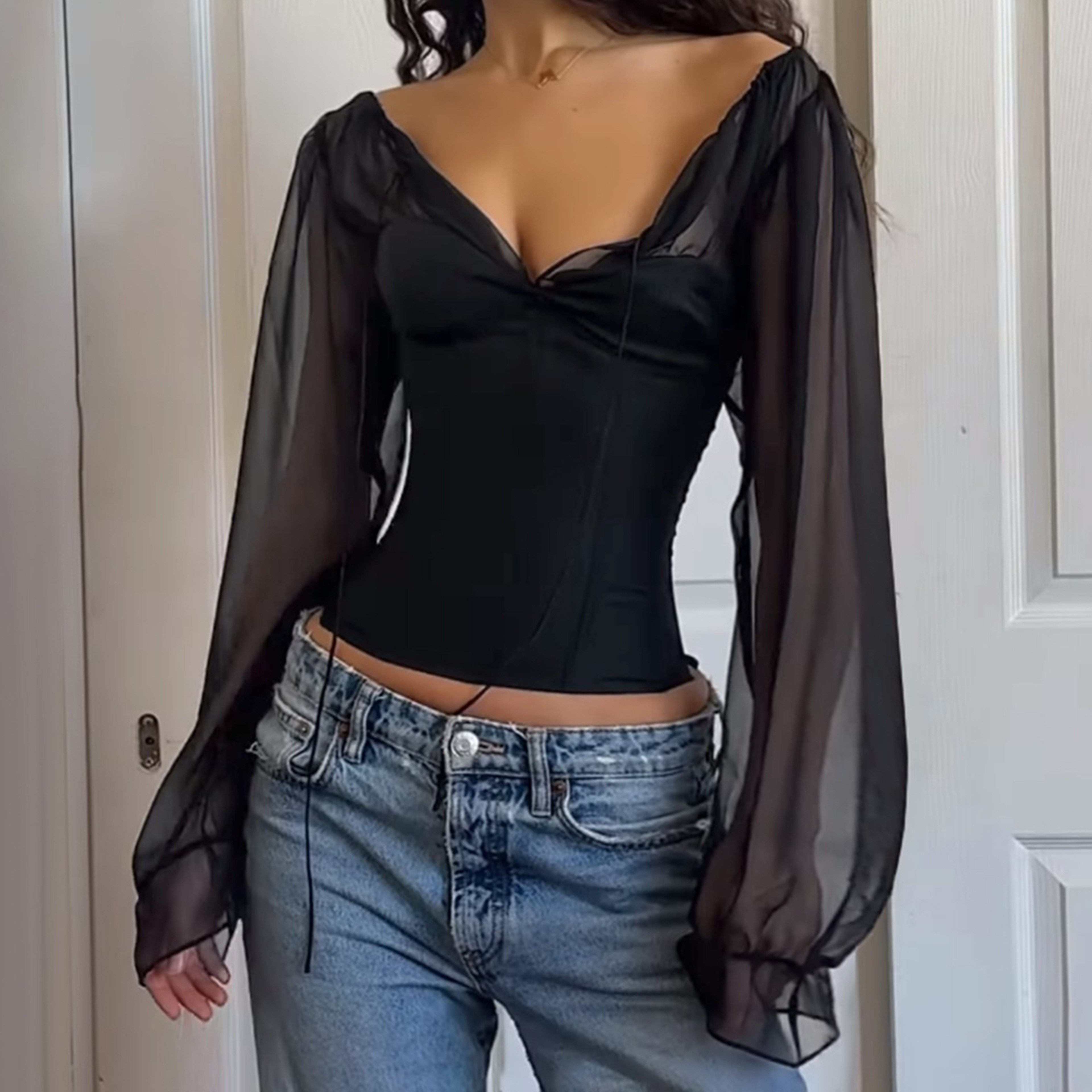Elegant Mesh Long Sleeve Top For Women V Neck Sheer Patchwork Slim Fit Blouse 1