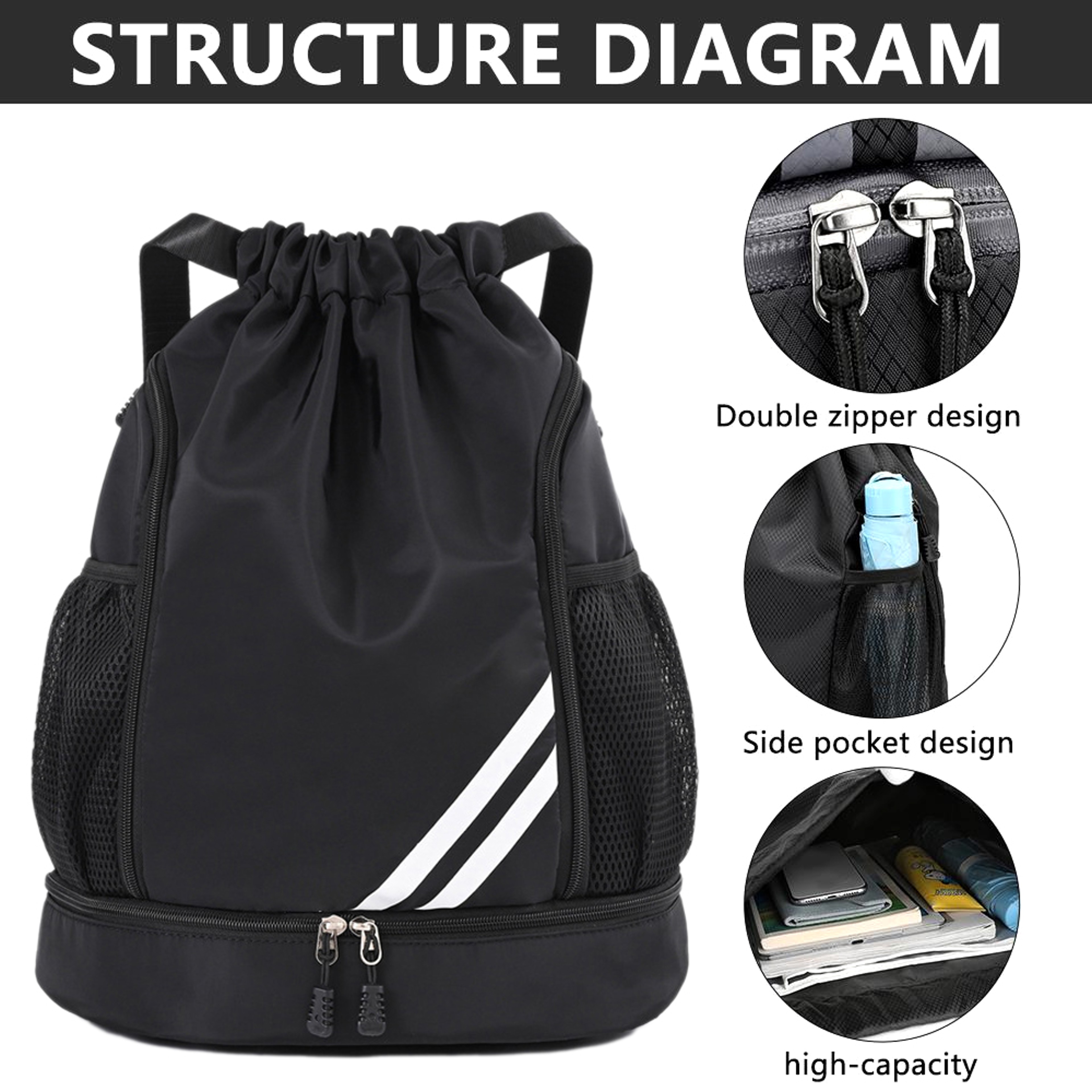Waterproof Sports Drawstring Backpack With Shoe Compartment For Gym Soccer And Travel 5