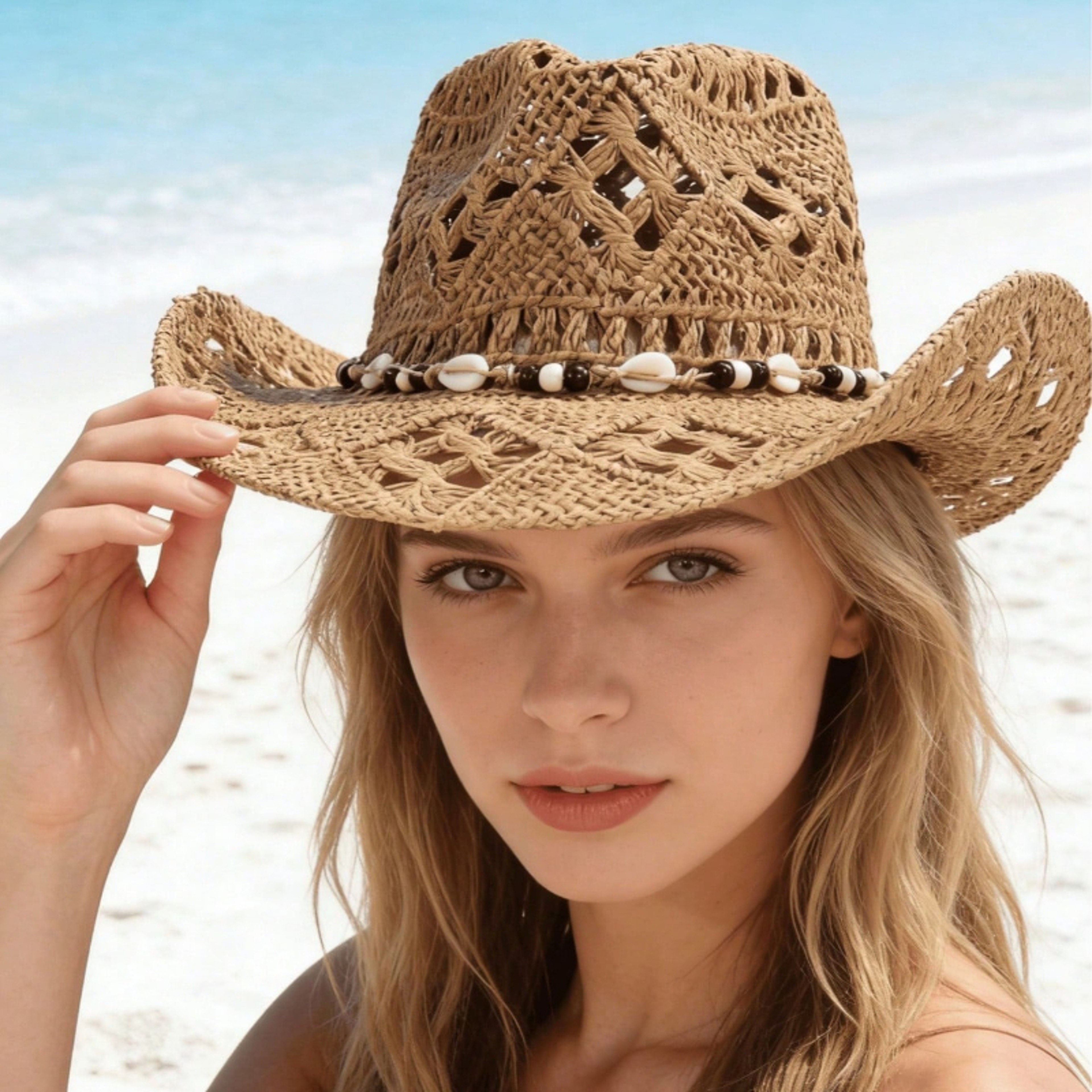 Boho Straw Sun Hat With Shell Accent Wide Brim Cowgirl Beach Hat For Women 4
