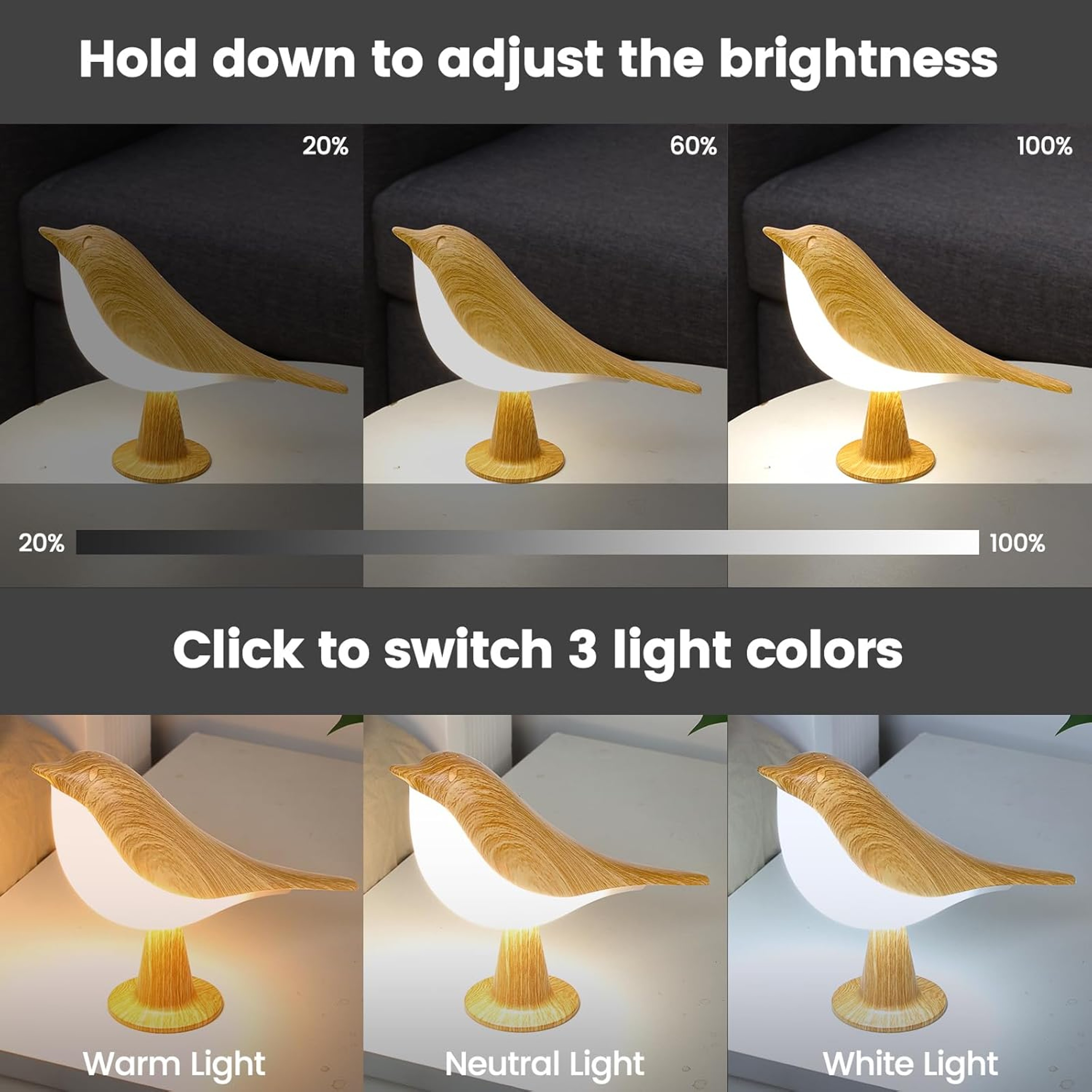 Bird Lamp LED Table Lamp Rechargeable Night Light with Touch Control and Level Dimmable Brightness – view 5