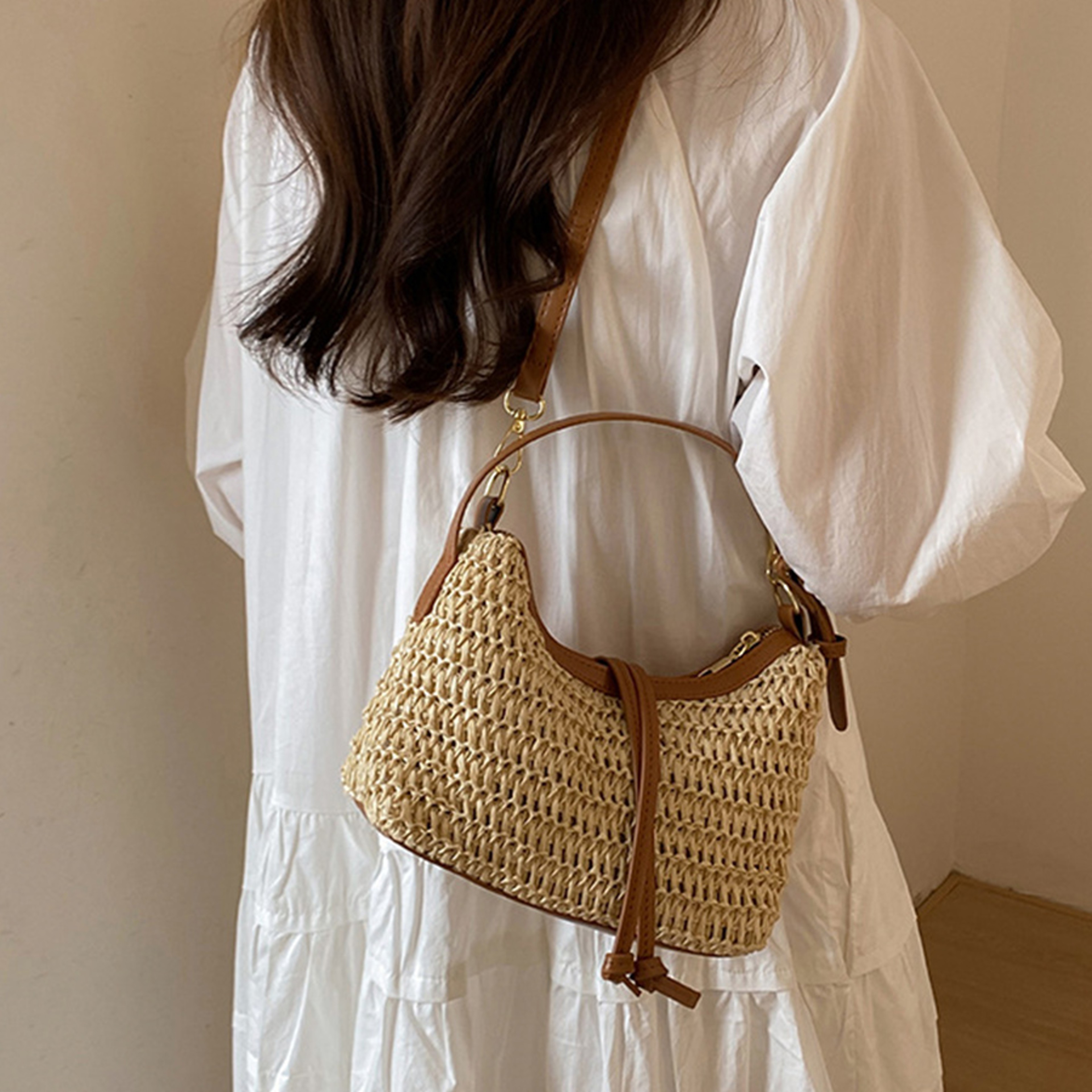 Boho Straw Beach Bag Half Moon Rattan Woven Bag Crossbody Shoulder Purse 6