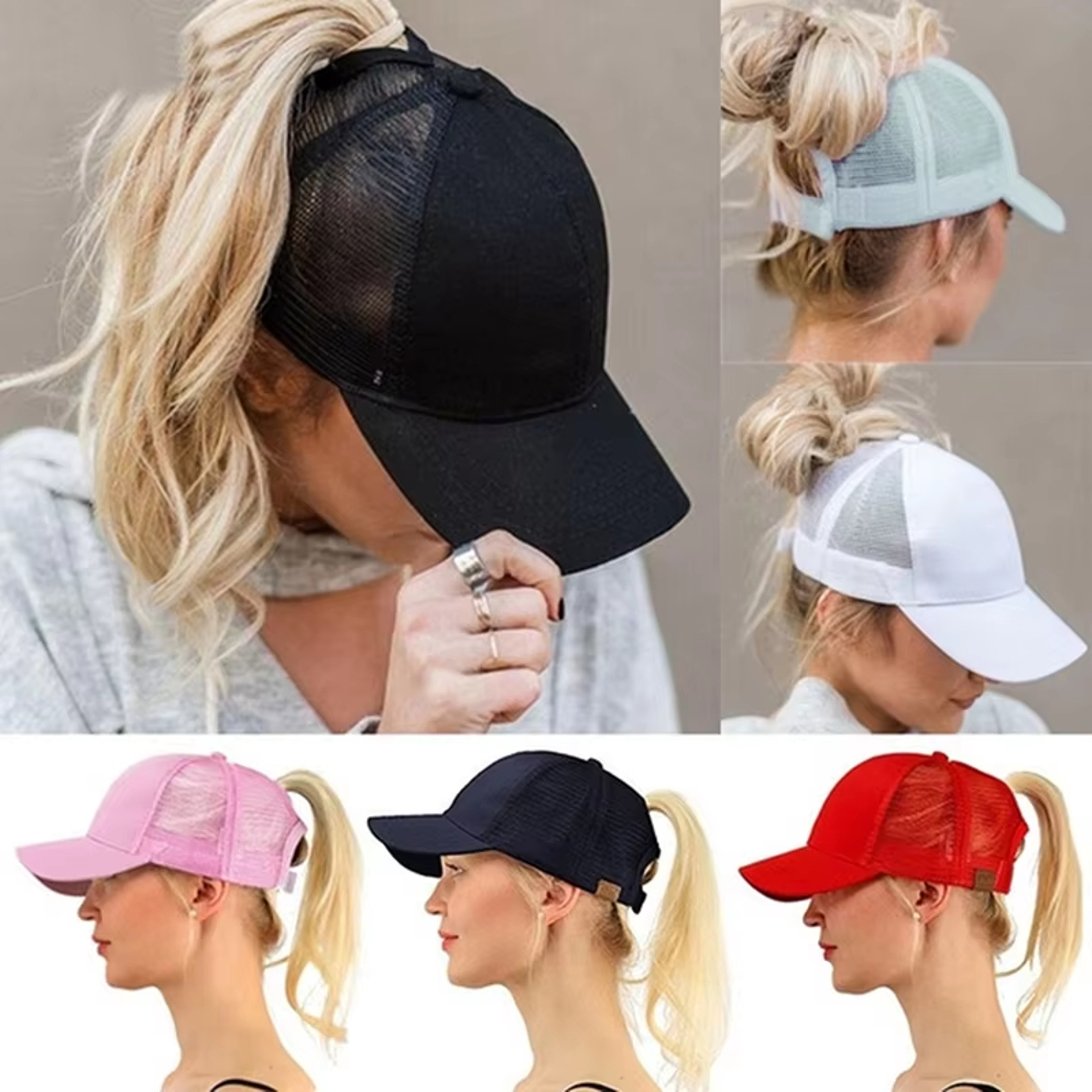 Womens Ponytail Baseball Cap Adjustable Messy Bun Hat With Breathable Mesh Back 6
