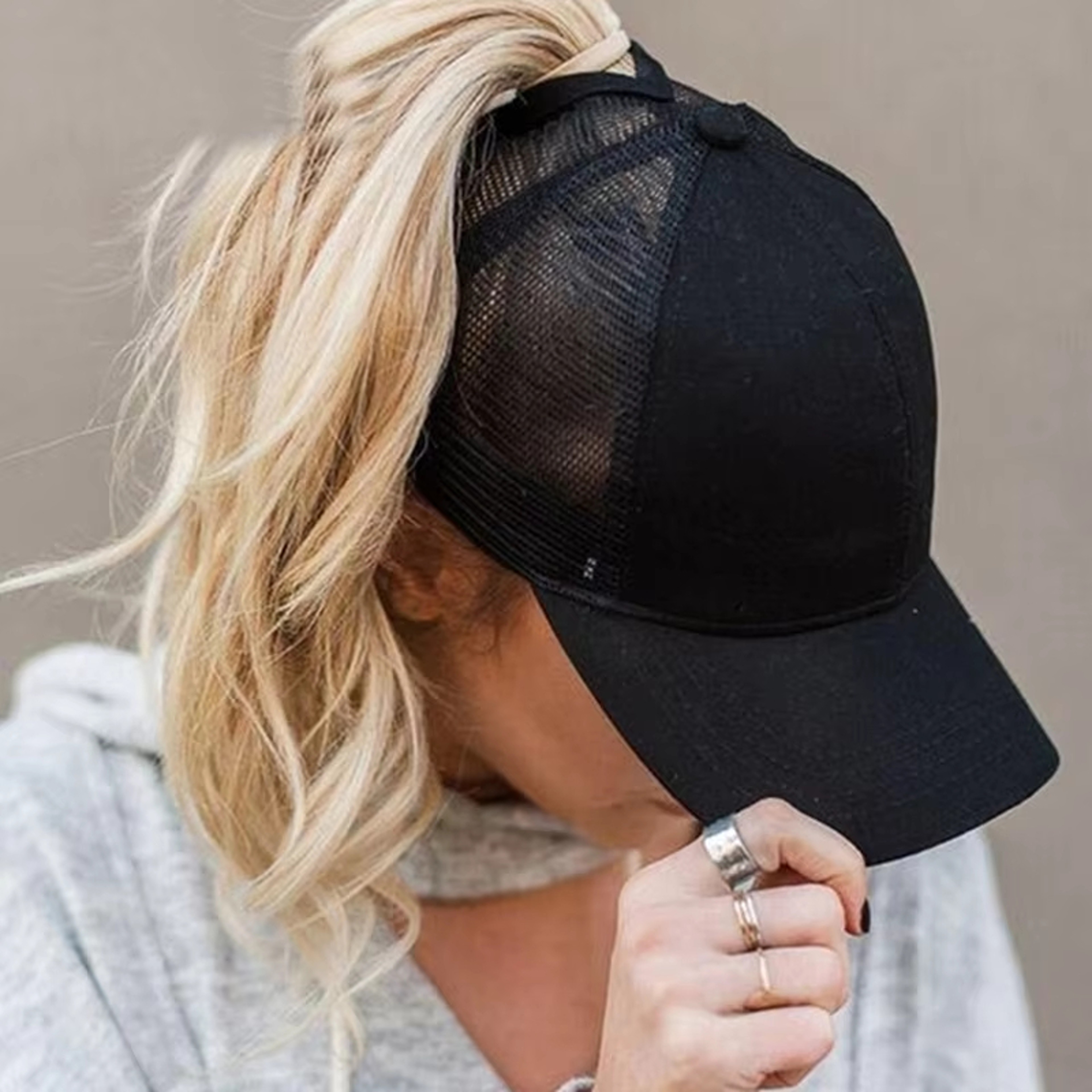 Womens Ponytail Baseball Cap Adjustable Messy Bun Hat With Breathable Mesh Back 1