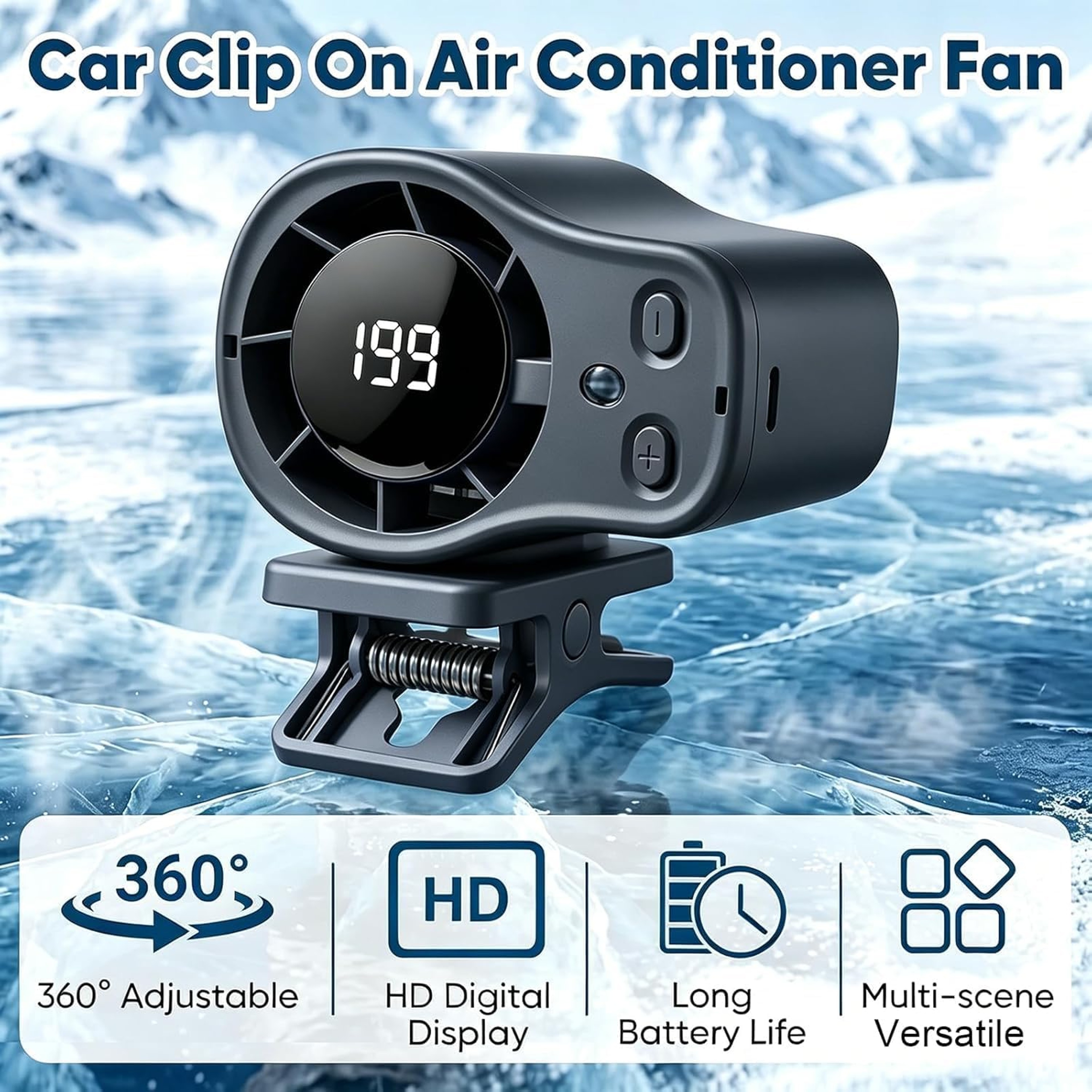 Portable Car Cooling Fan With LED Display Rotating Clip On Fan 7
