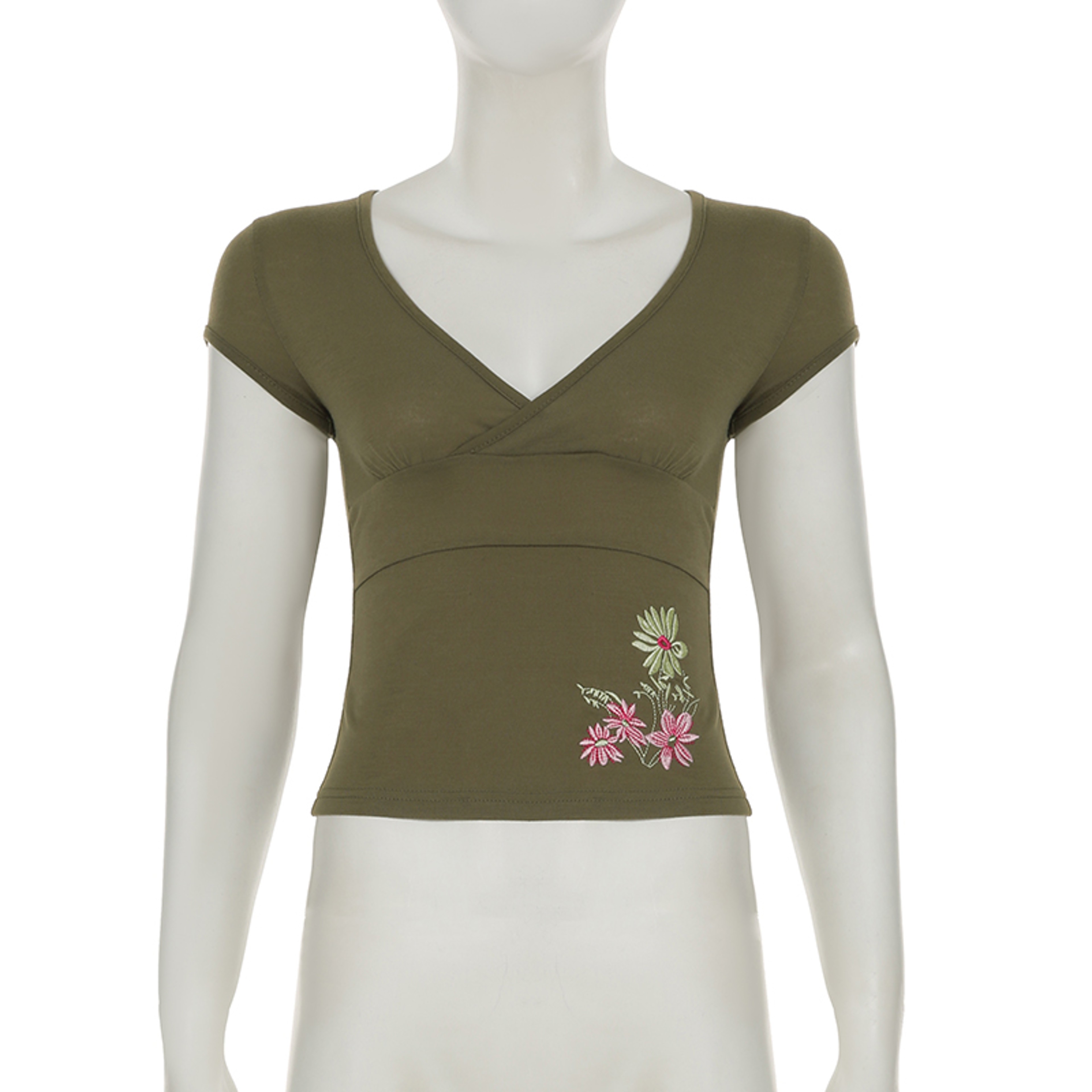 Vintage Y2K Floral Top Embroidered V Neck Slim Fit Cap Sleeve T Shirt For Women 5