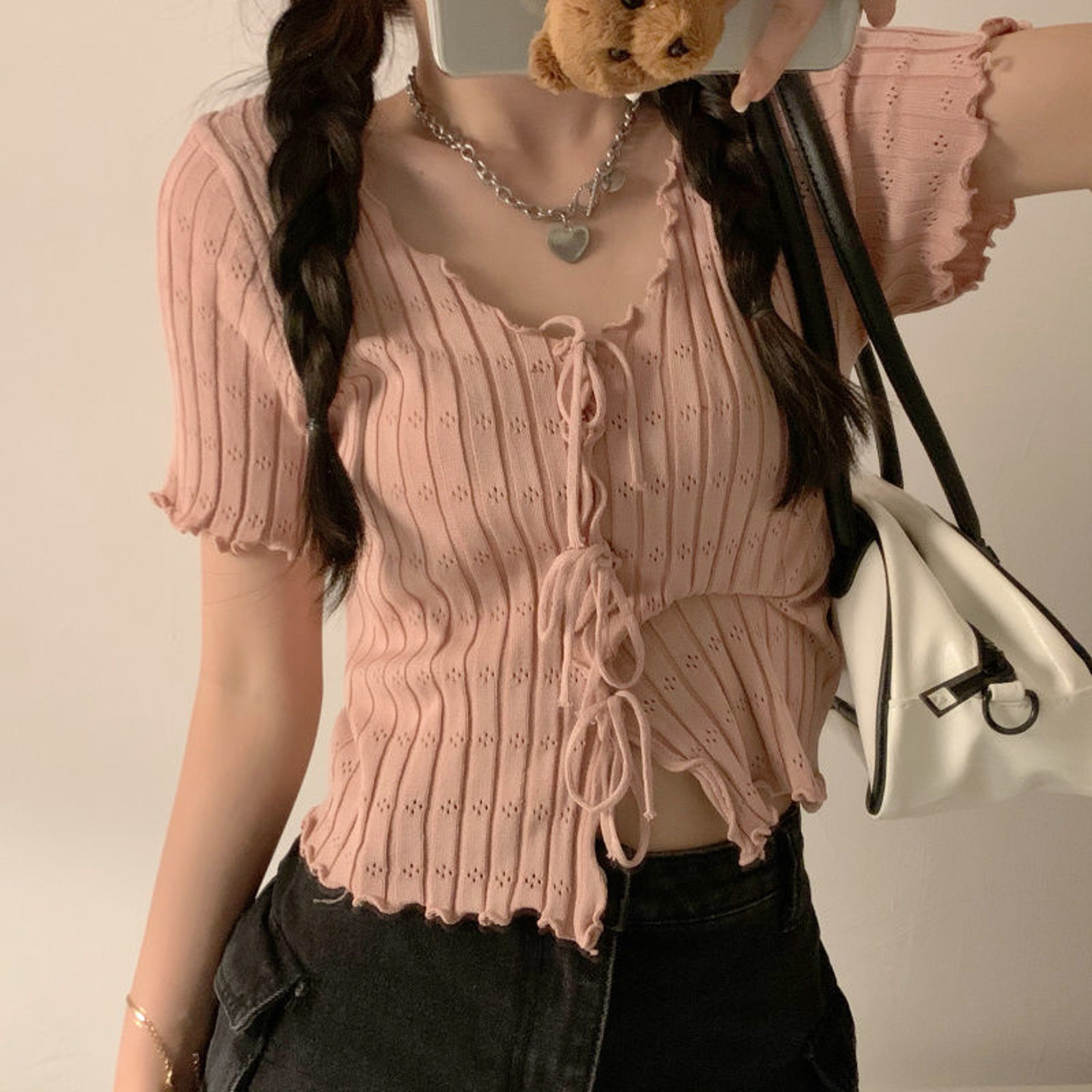 Womens Ribbed Crop Top VNeck Knit Summer Casual TShirt 4