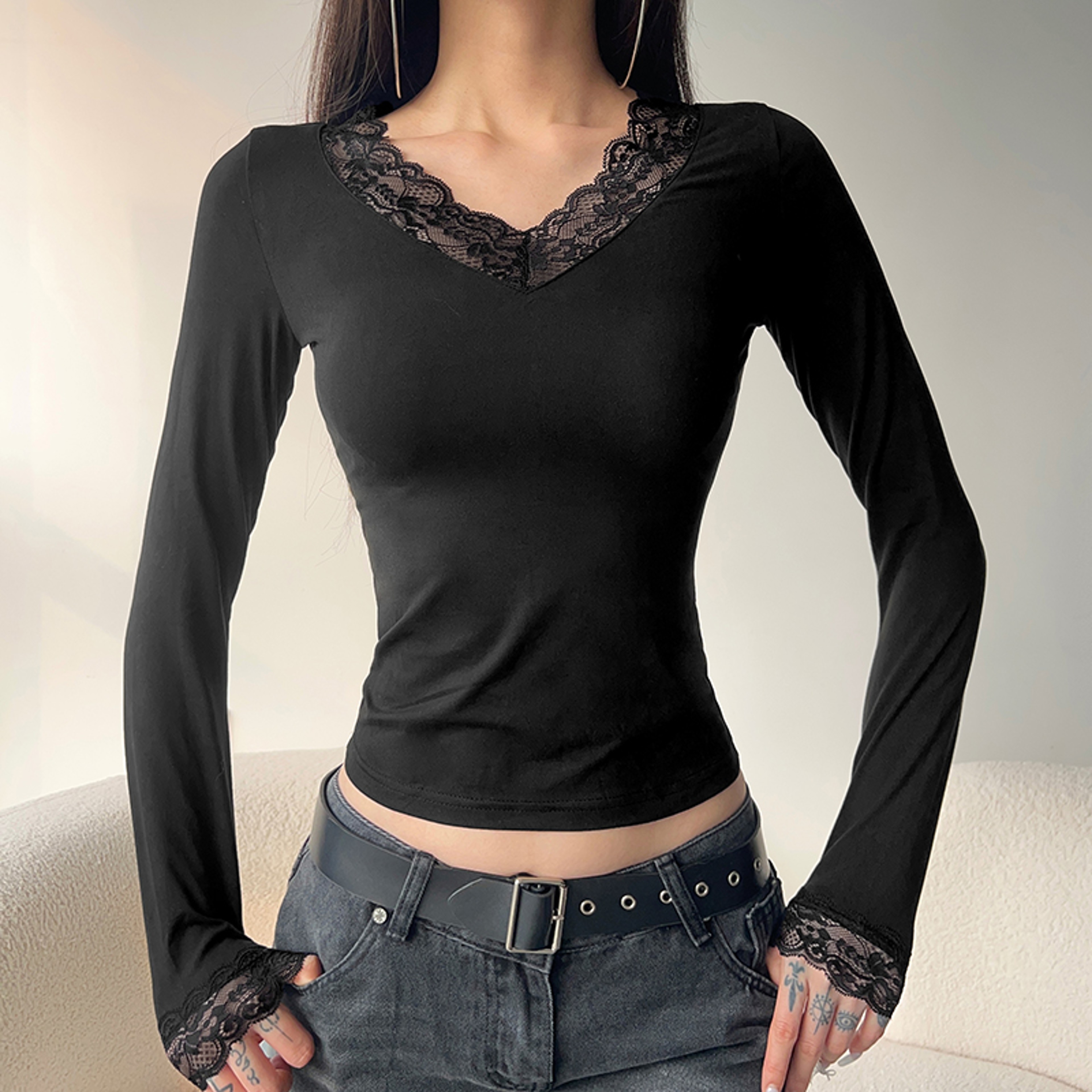 Lace Patchwork V Neck Fitted Top For Women Long Sleeve Black Slim Fit Tee 3