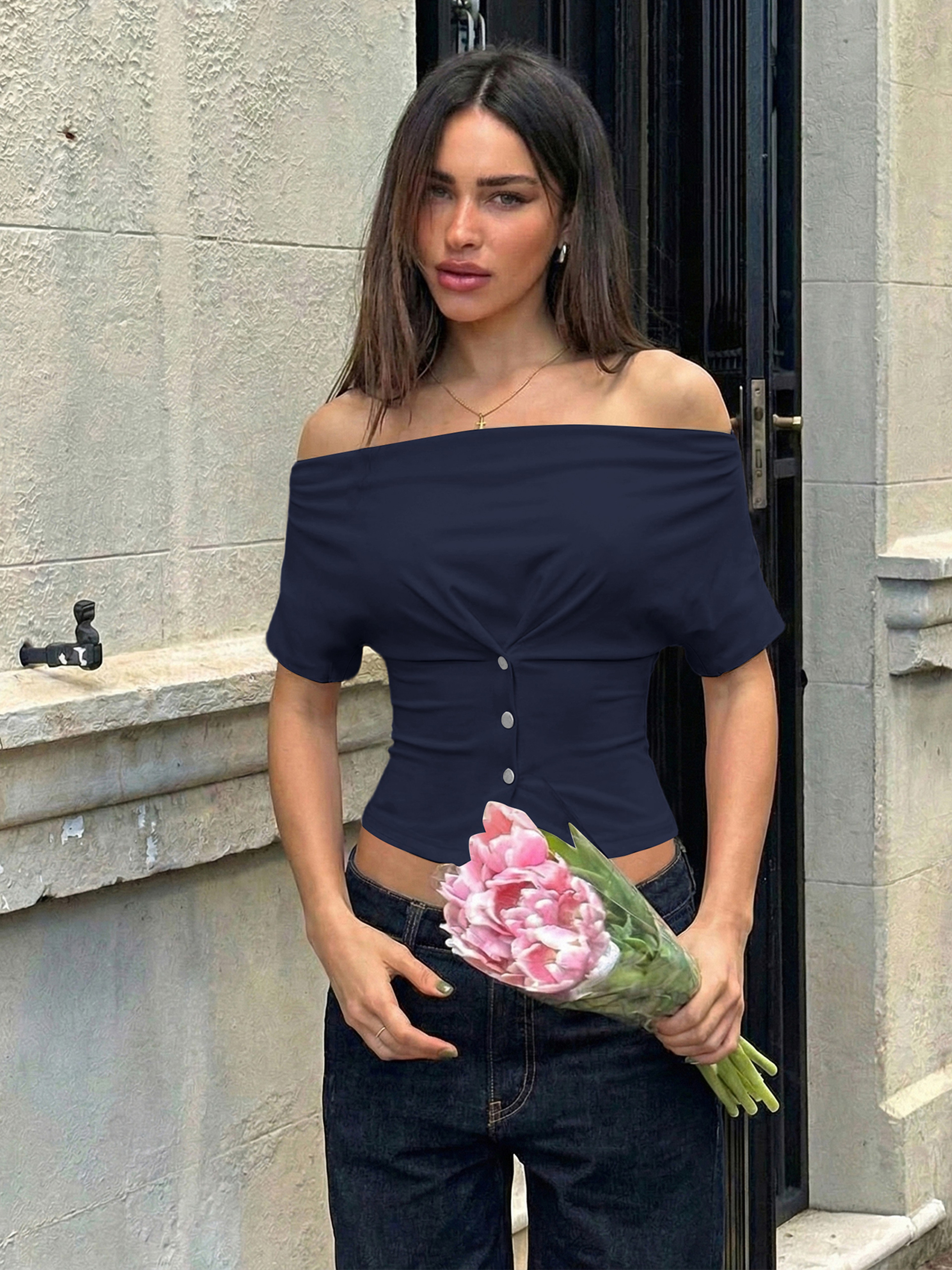 Womens Ruched Crop Top Button Front Slim Fit Summer Party TShirt 5