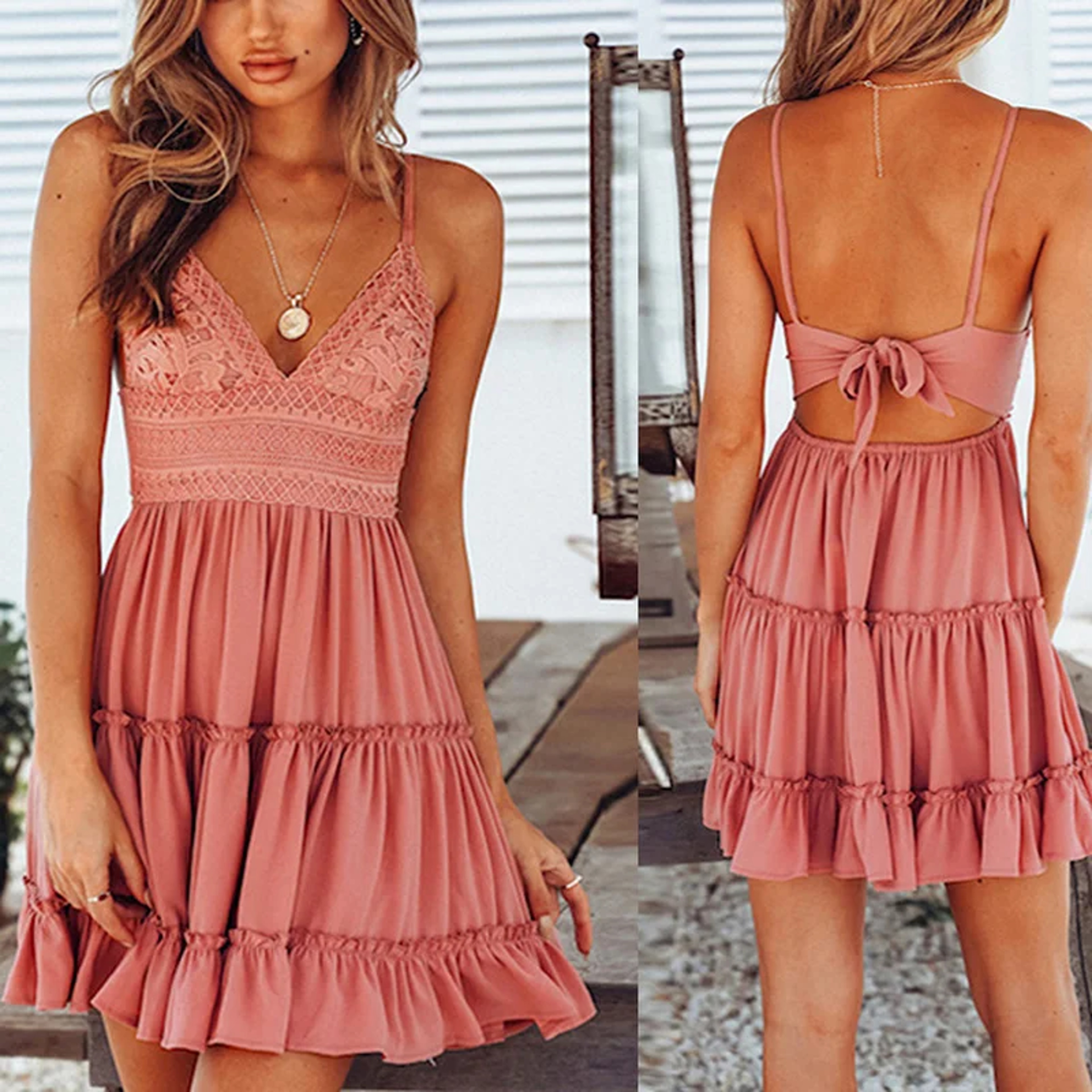 White Summer Lace Mini Dress for Women Spaghetti Strap Boho Beach Party Dress with Open Back – view 3