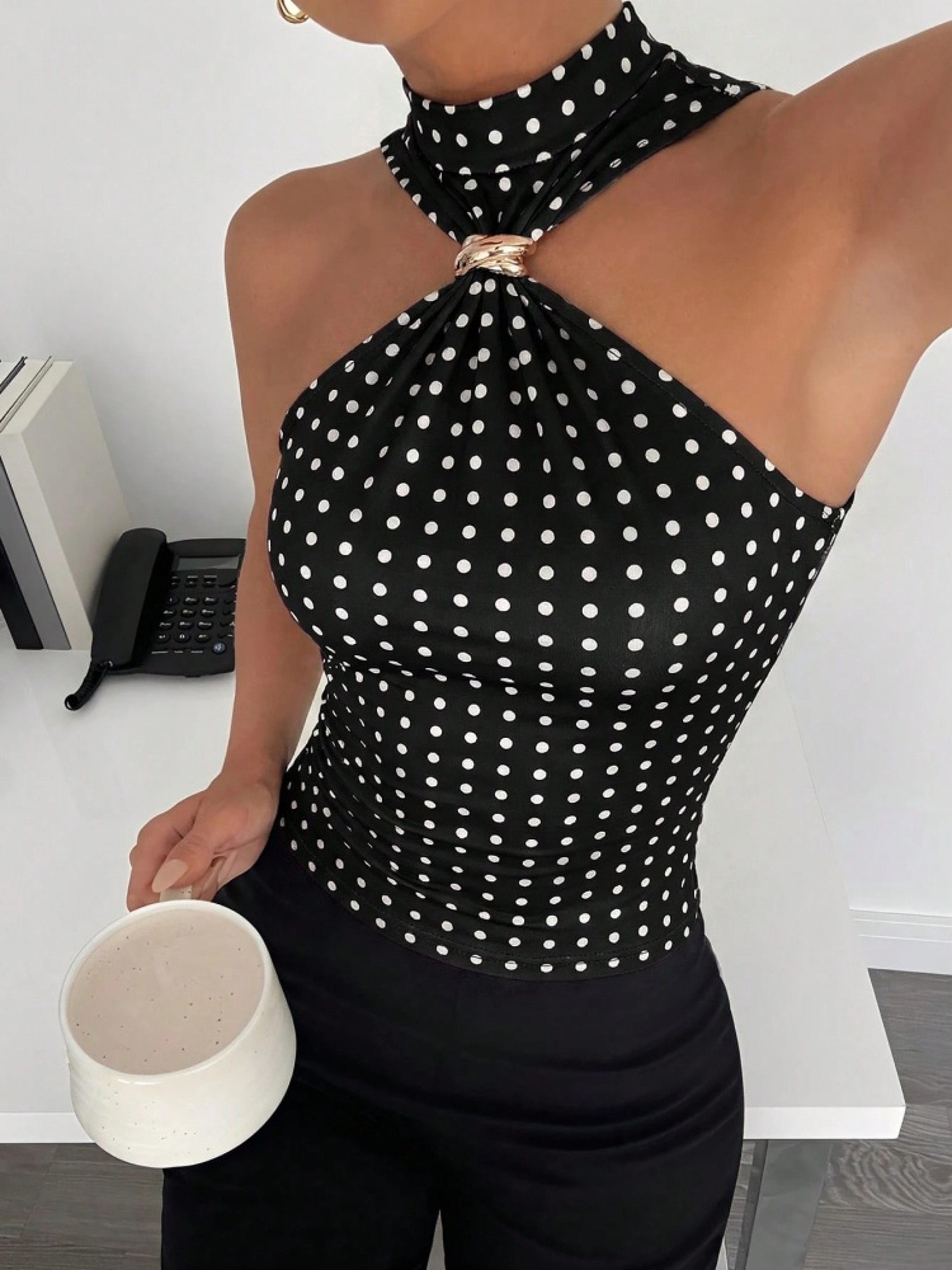 Metal Ring Halter Neck Crop Top For Women Twist Knot Slim Fit Crop Top Sleeveless Office  Casual Ta 9