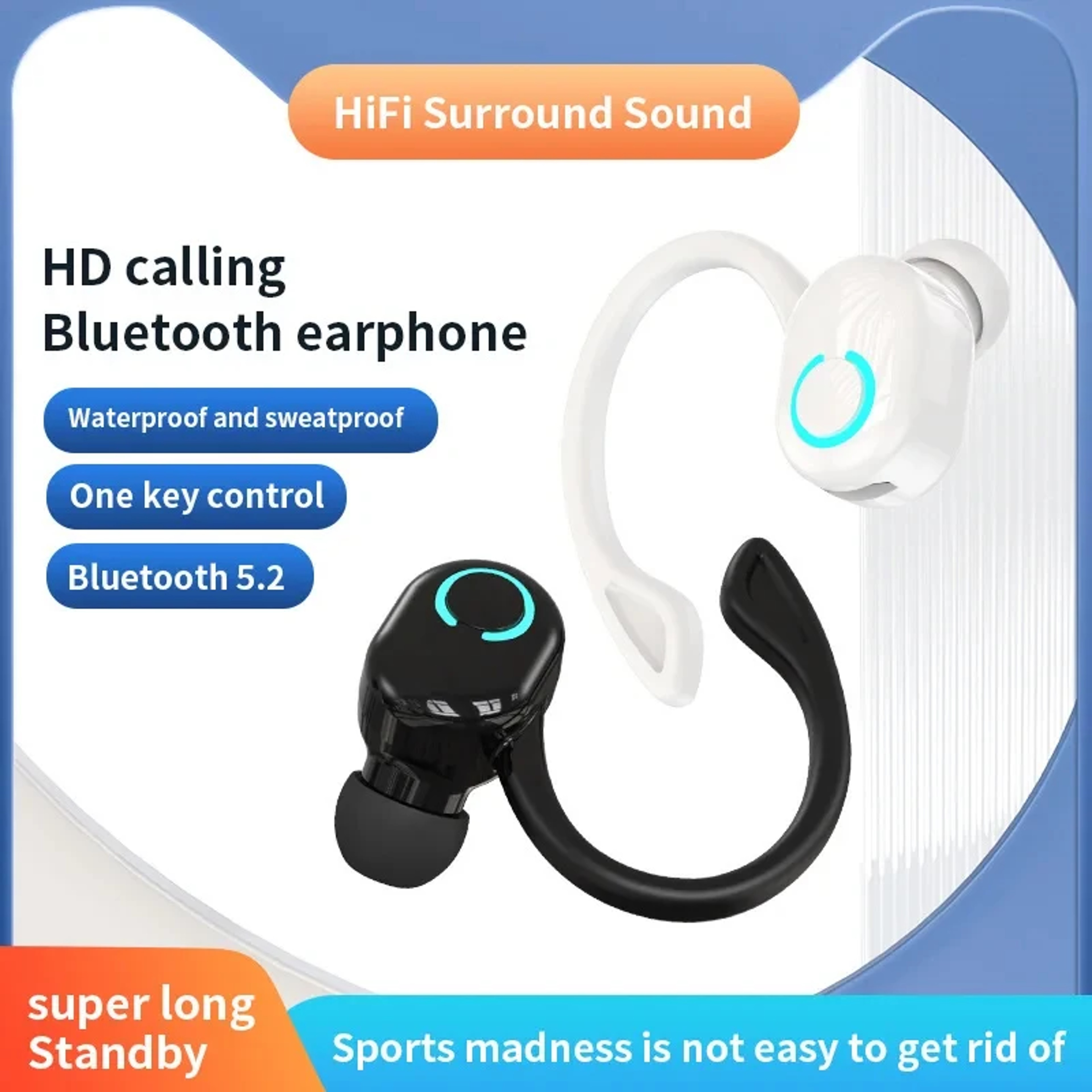 Bluetooth Ear Hook Headphones With Mic Wireless Sports  Business Headset 5