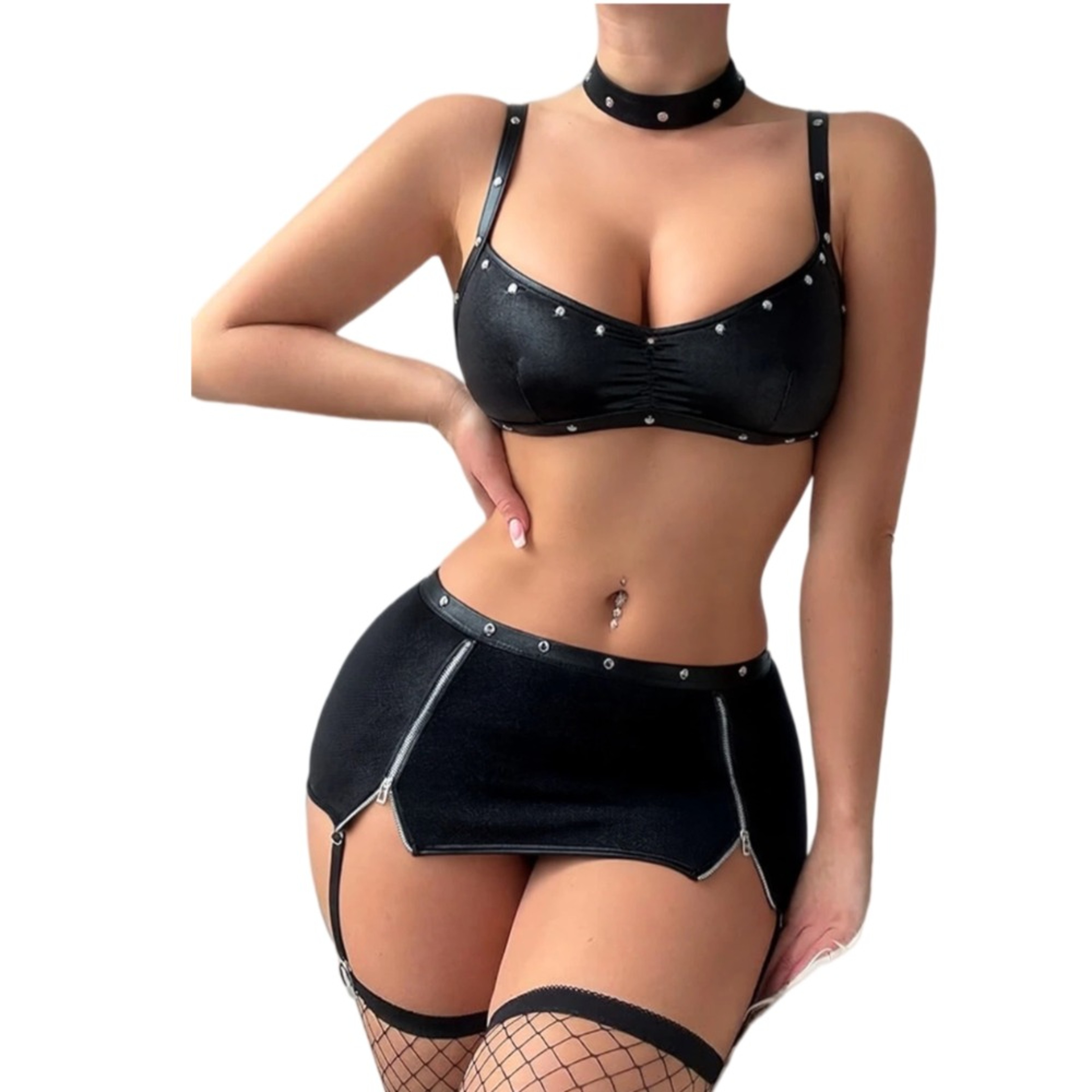 Leather Lingerie Set Sexy Faux Leather Strappy Bra & Mini Skirt Outfit for Women – view 2