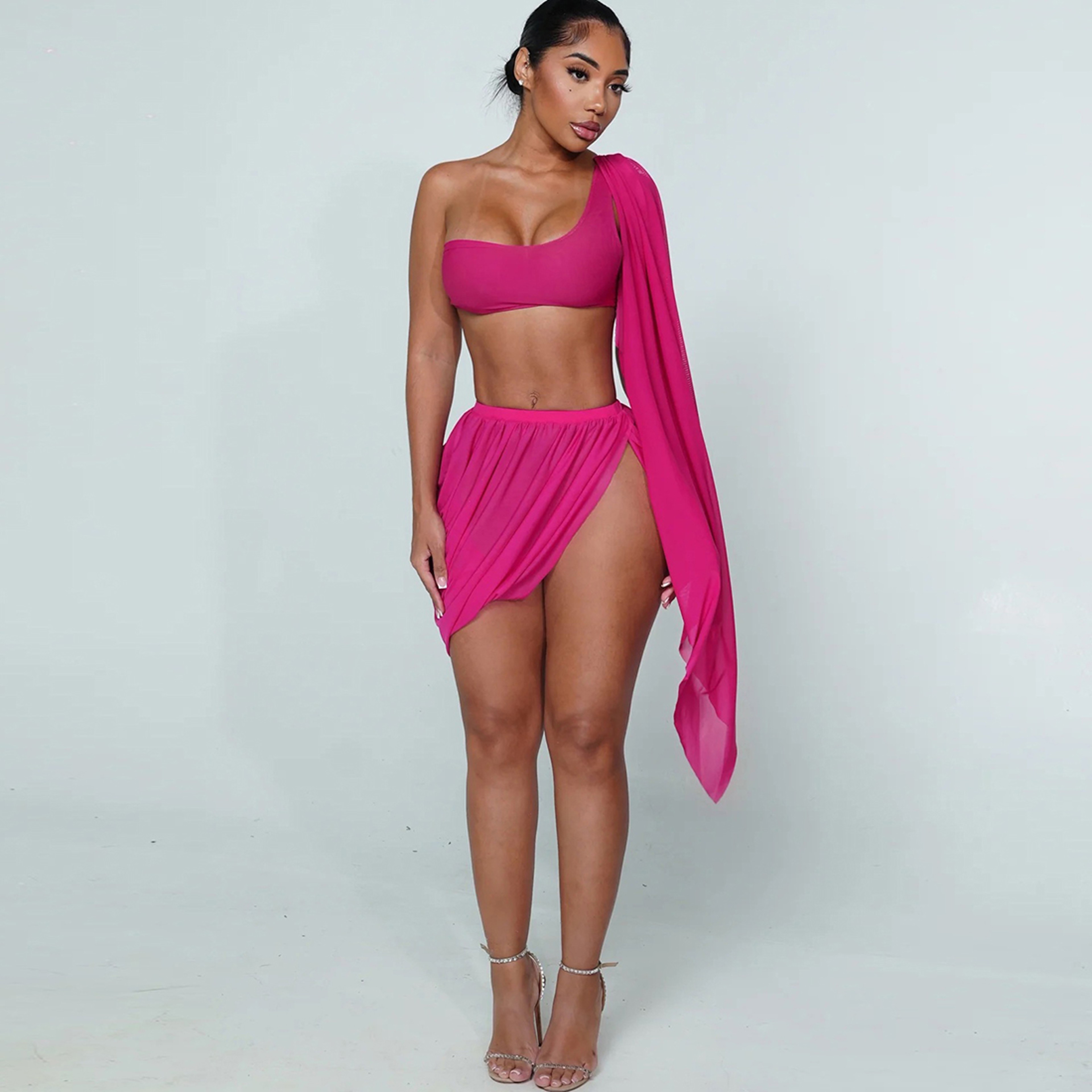 Outfit Set Mesh Set With See Through Crop Top  Ruched Split Skirt 4