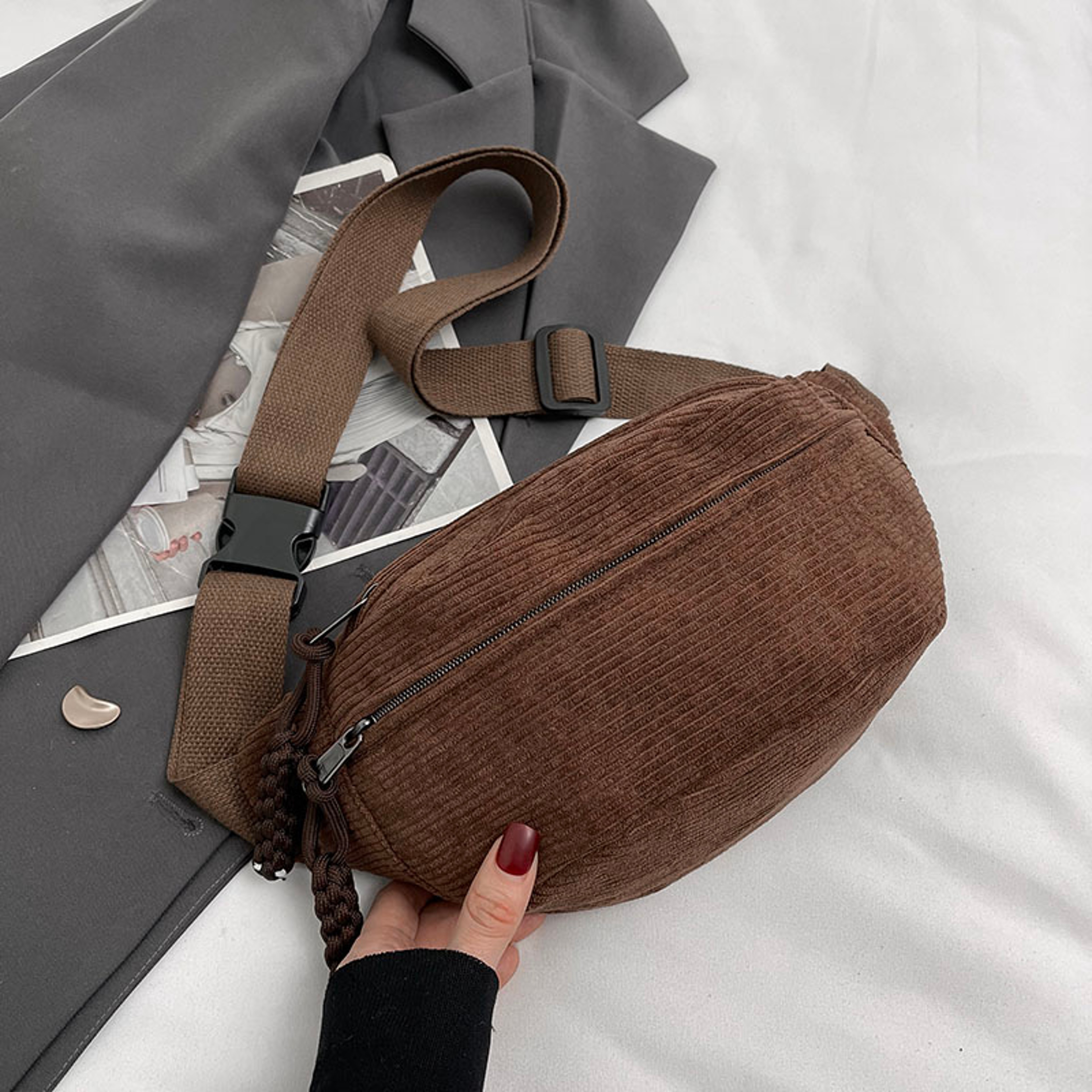 Corduroy Belt Bag For Women Casual Crossbody Fanny Pack Shoulder Chest Sling Bag 1