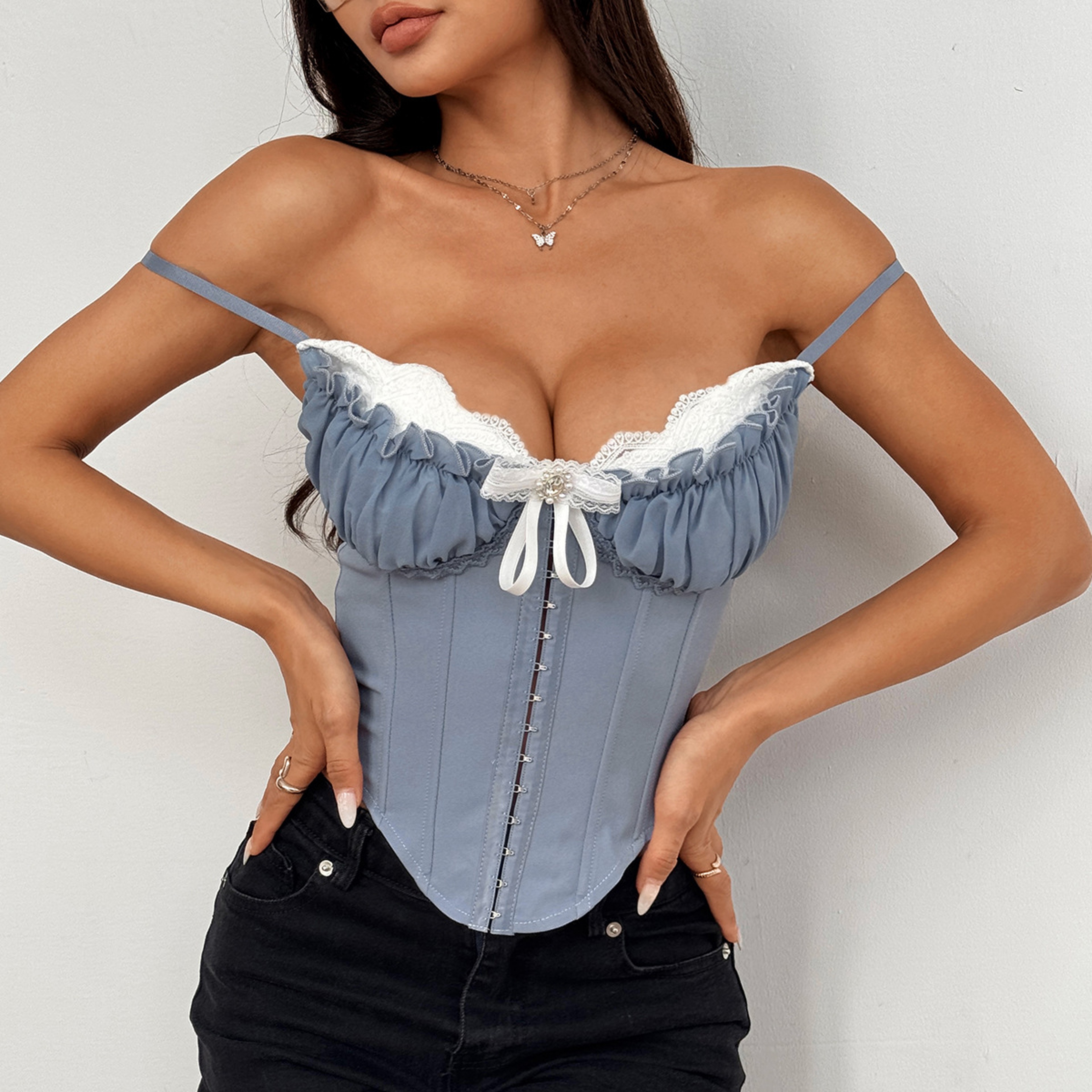 Sheer Mesh Corset Top For Women Crop Cami With Lace Trim  Fishbone Design 4