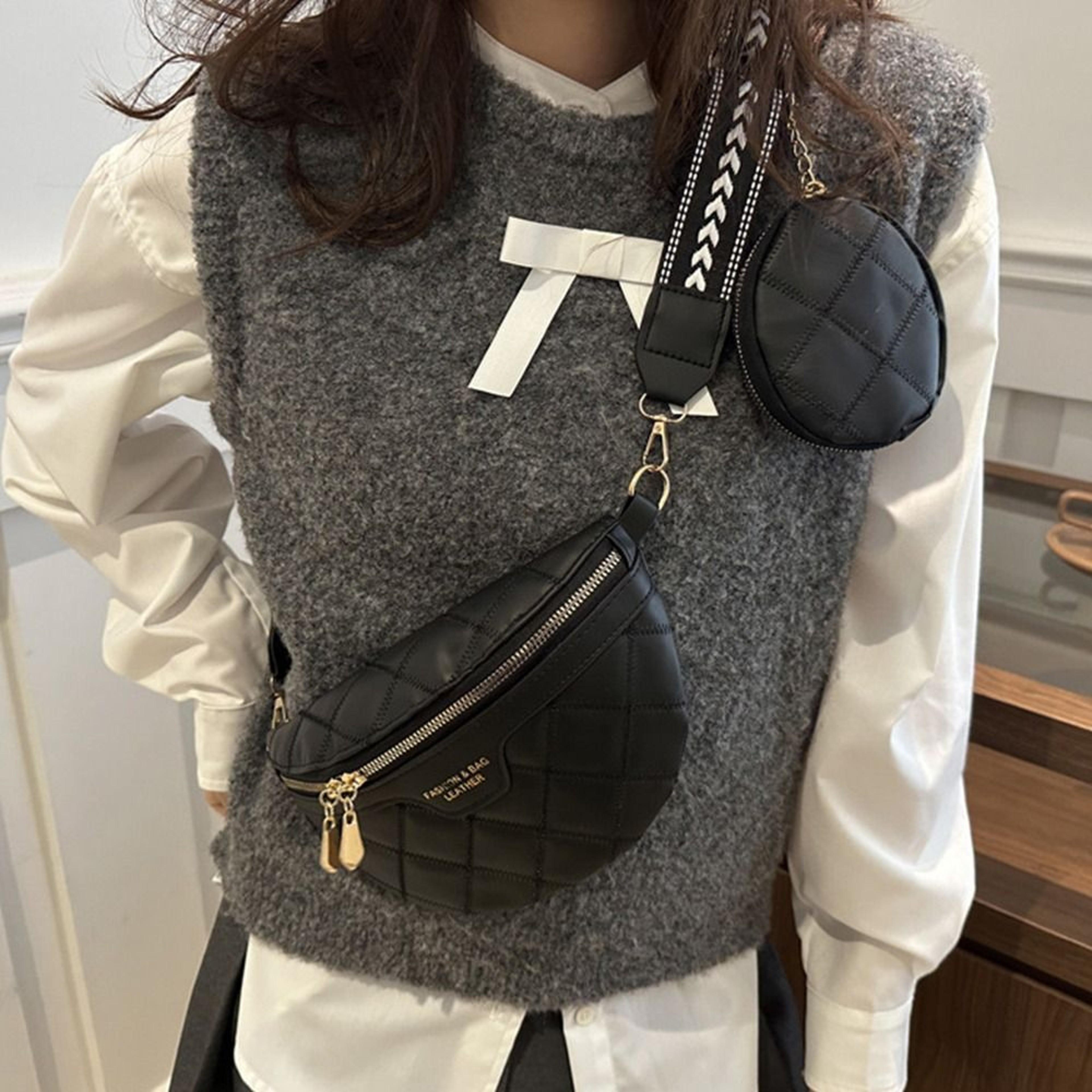 Womens PU Leather Crossbody Bag Woven Chest Bag Stylish Travel Shoulder Sling Purse 2