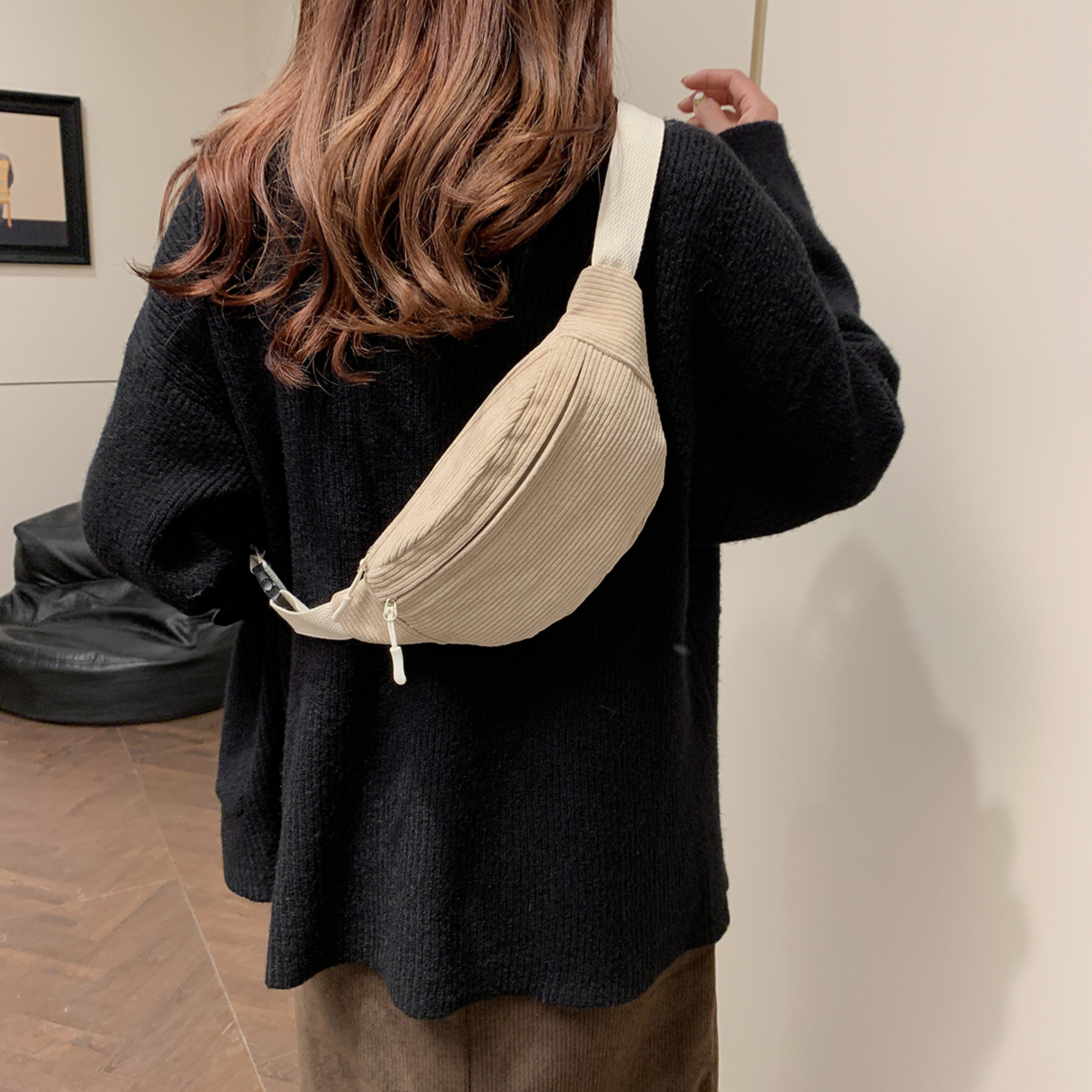 Women Corduroy Waist Bag Crossbody Fanny Pack Casual Shoulder Purse 4