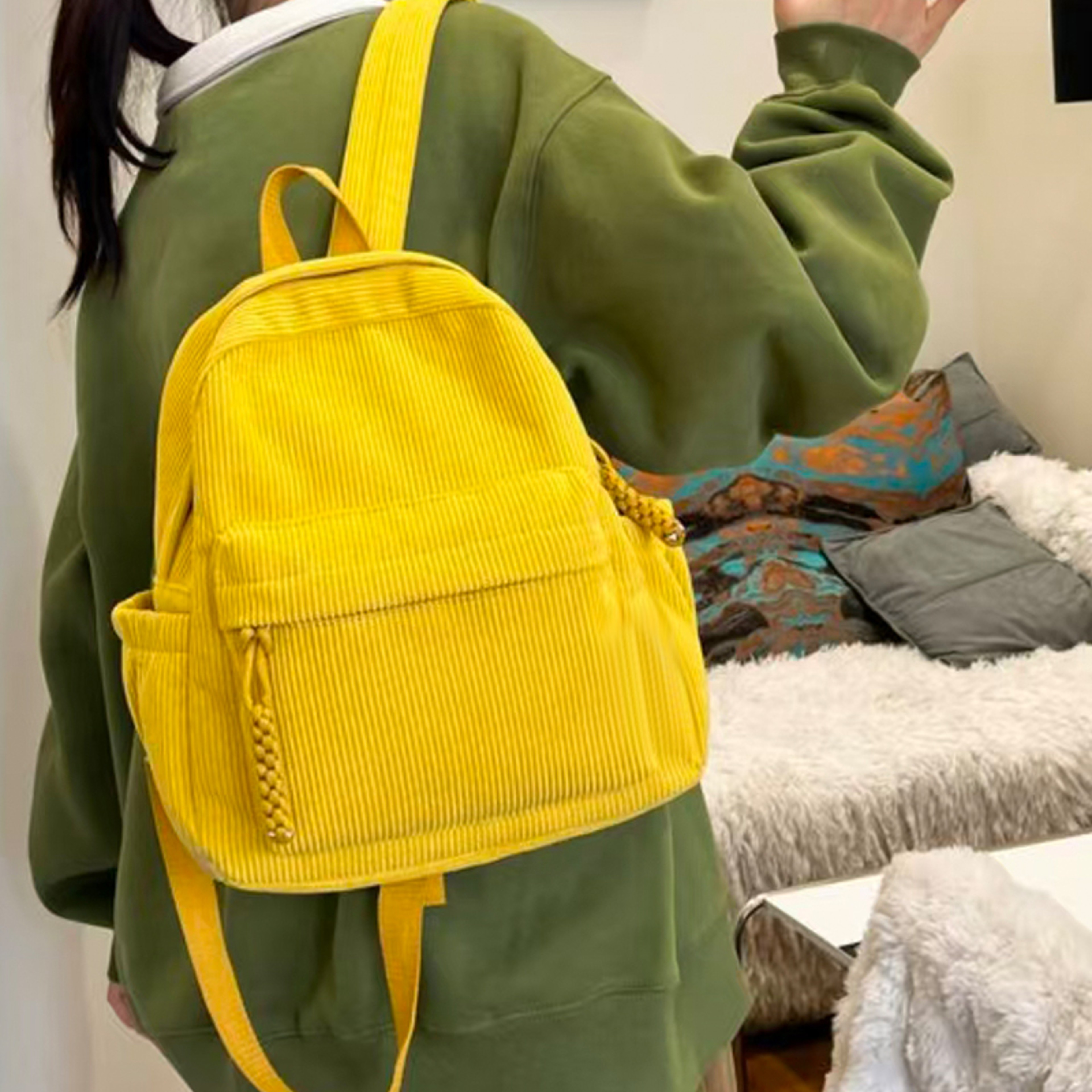 Cozy Corduroy Mini Backpack Stylish Lightweight Casual Bag 7