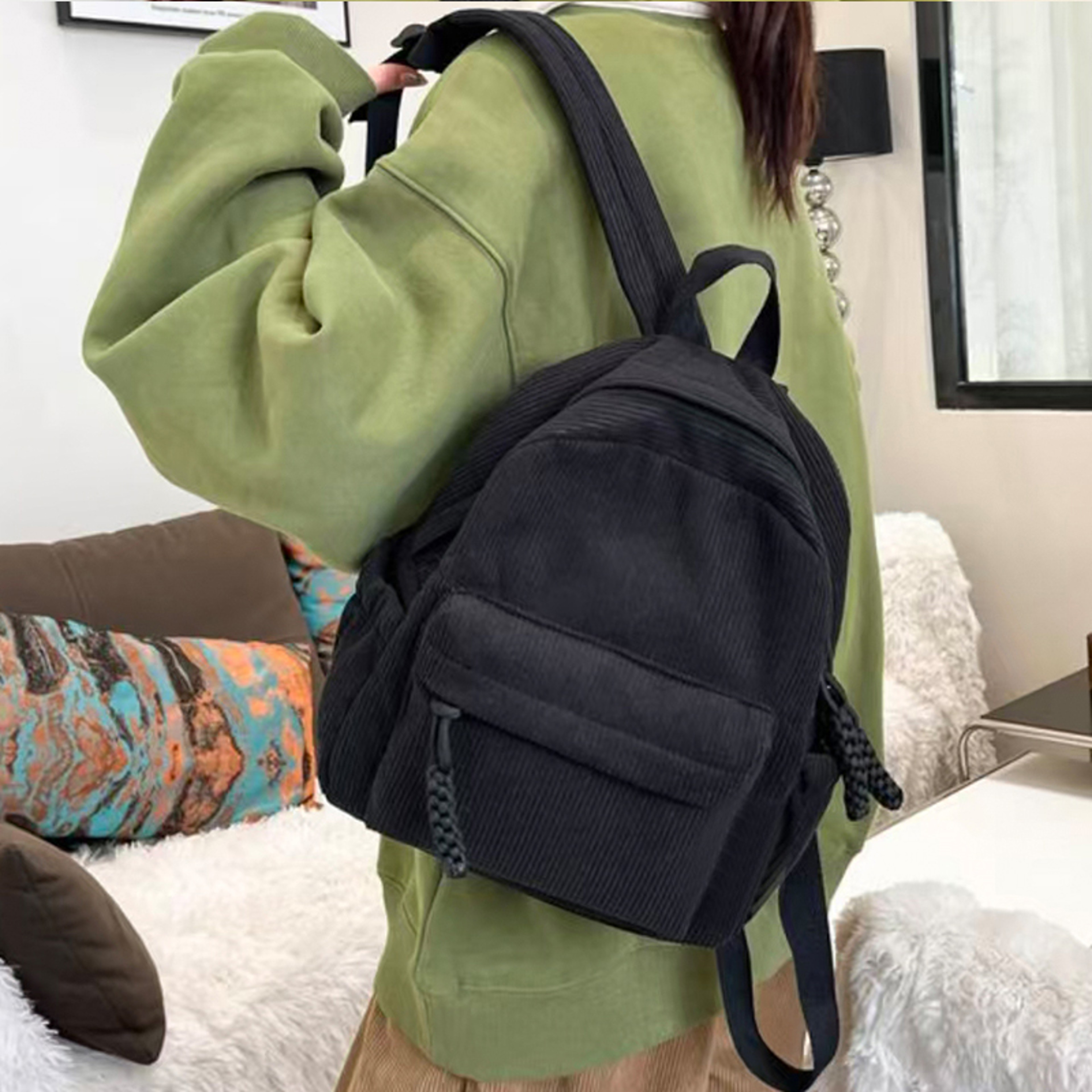 Cozy Corduroy Mini Backpack Stylish Lightweight Casual Bag 8