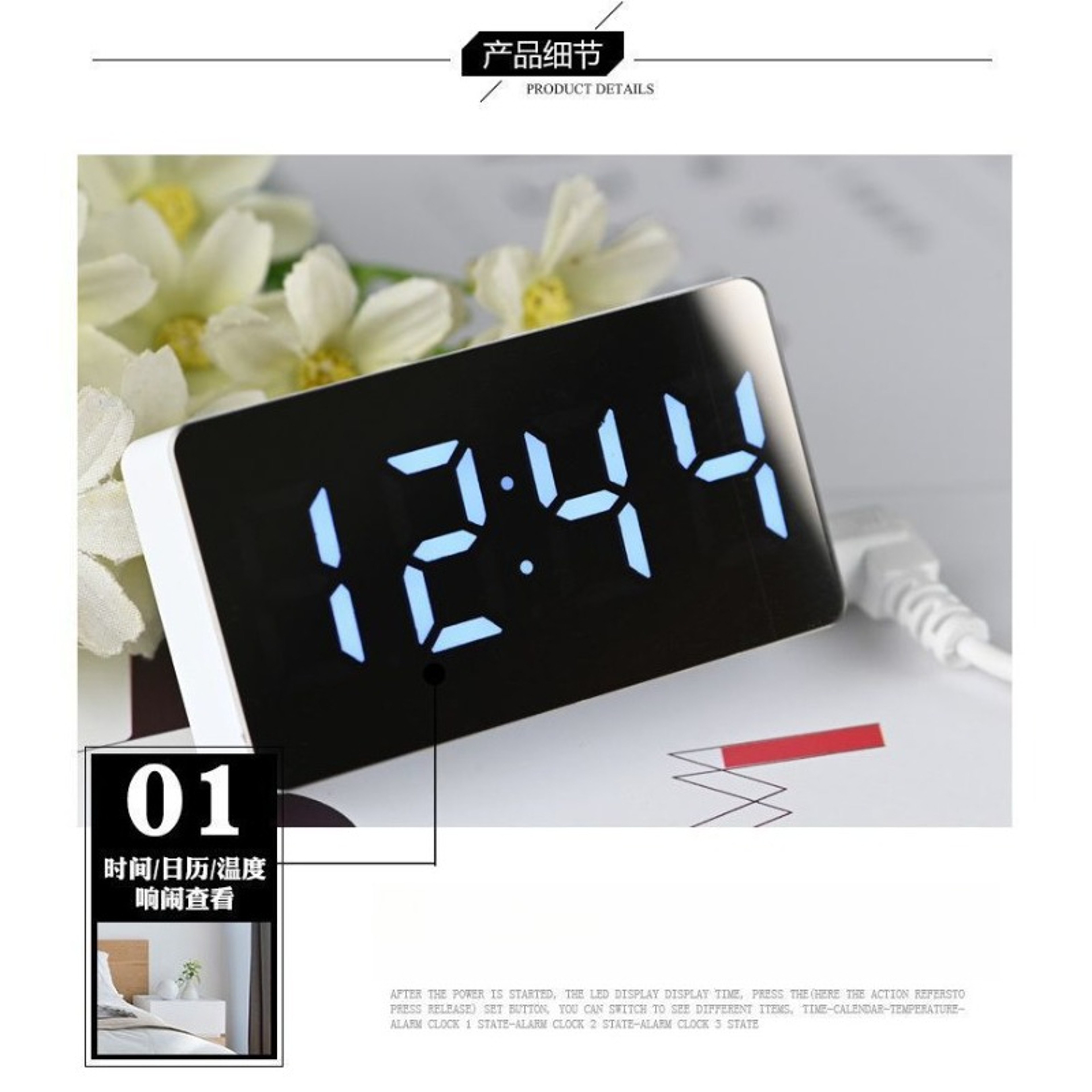 LED Mirror Digital Alarm Clock With Snooze Bedside Desk Clock Modern LED Display For Home Office 6