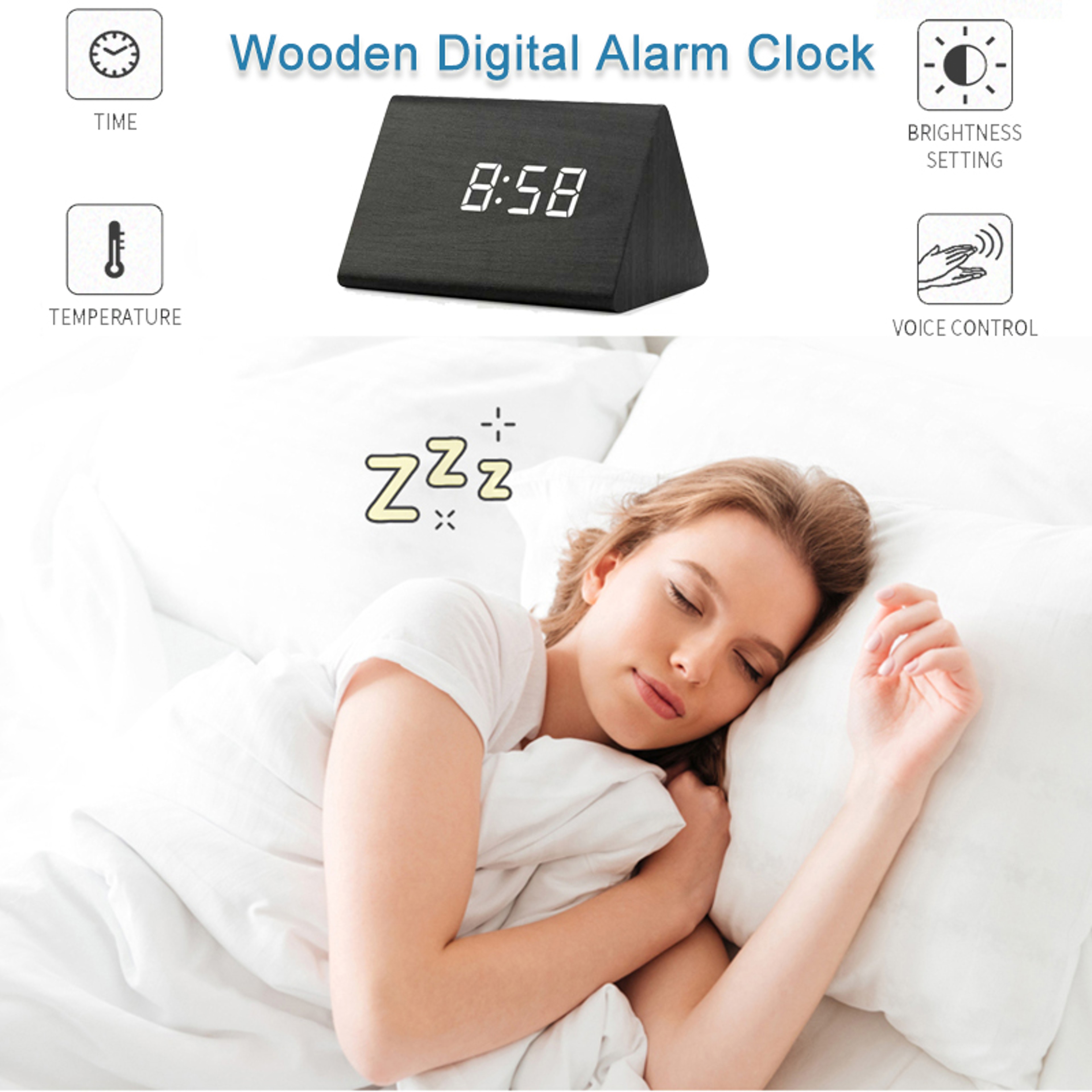 Wooden Digital Alarm Clock With LED Time Date Temperature Display For Bedroom Bedside Office 3
