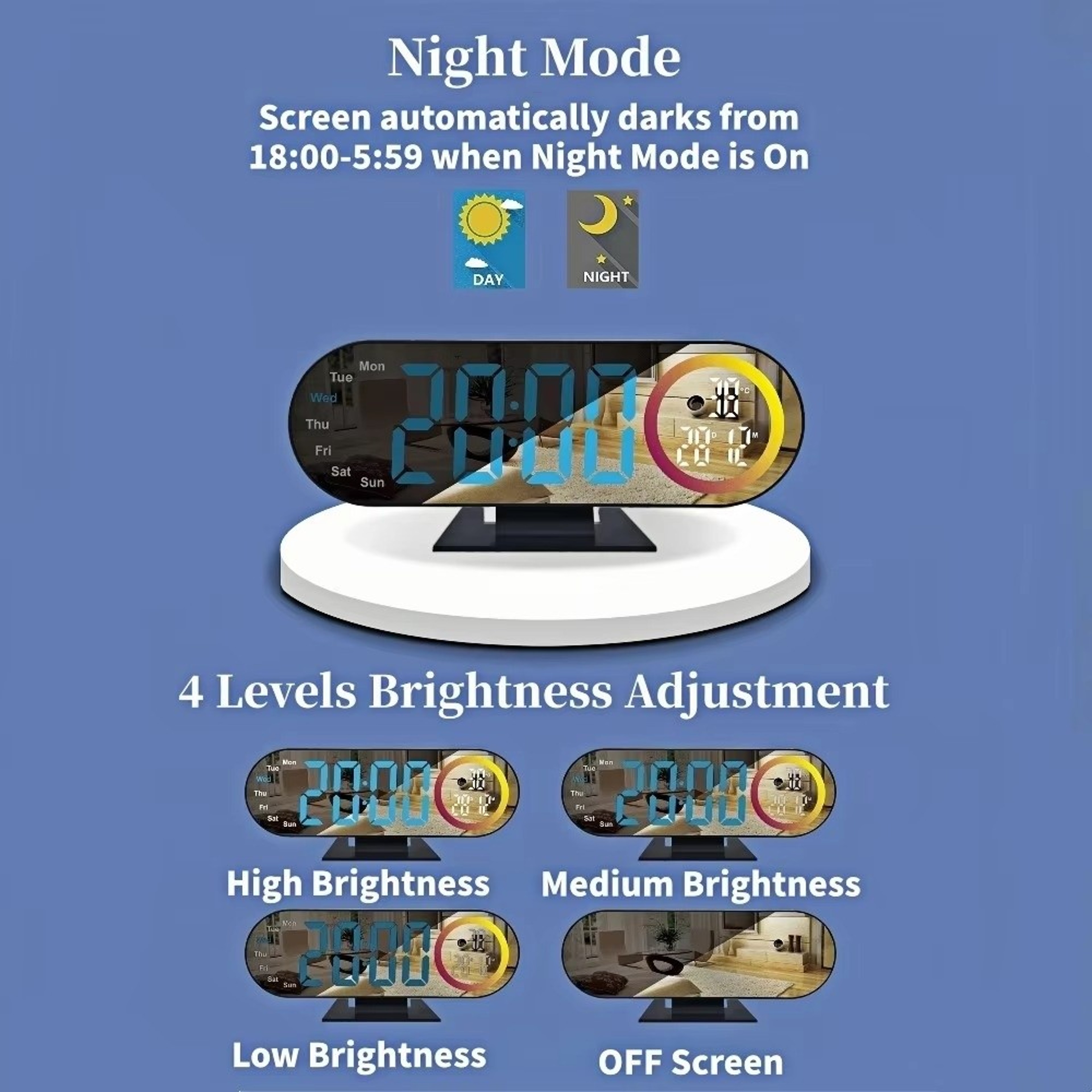 LED Mirror Digital Alarm Clock With Voice Control Temperature Display And Adjustable Brightness 6