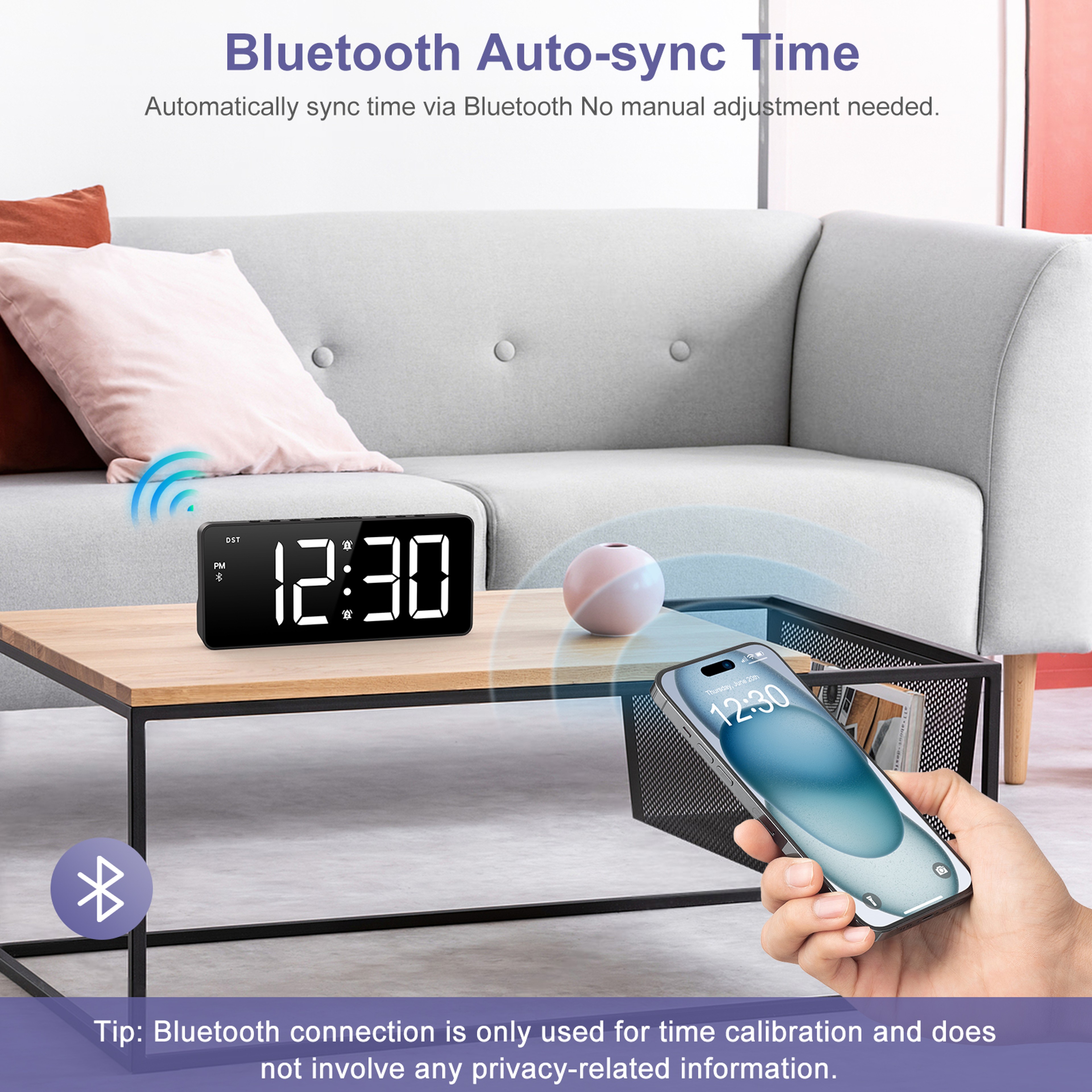LED alarm clock, digital alarm clock, Bluetooth alarm clock, dual alarm clock, bedside clock – view 2