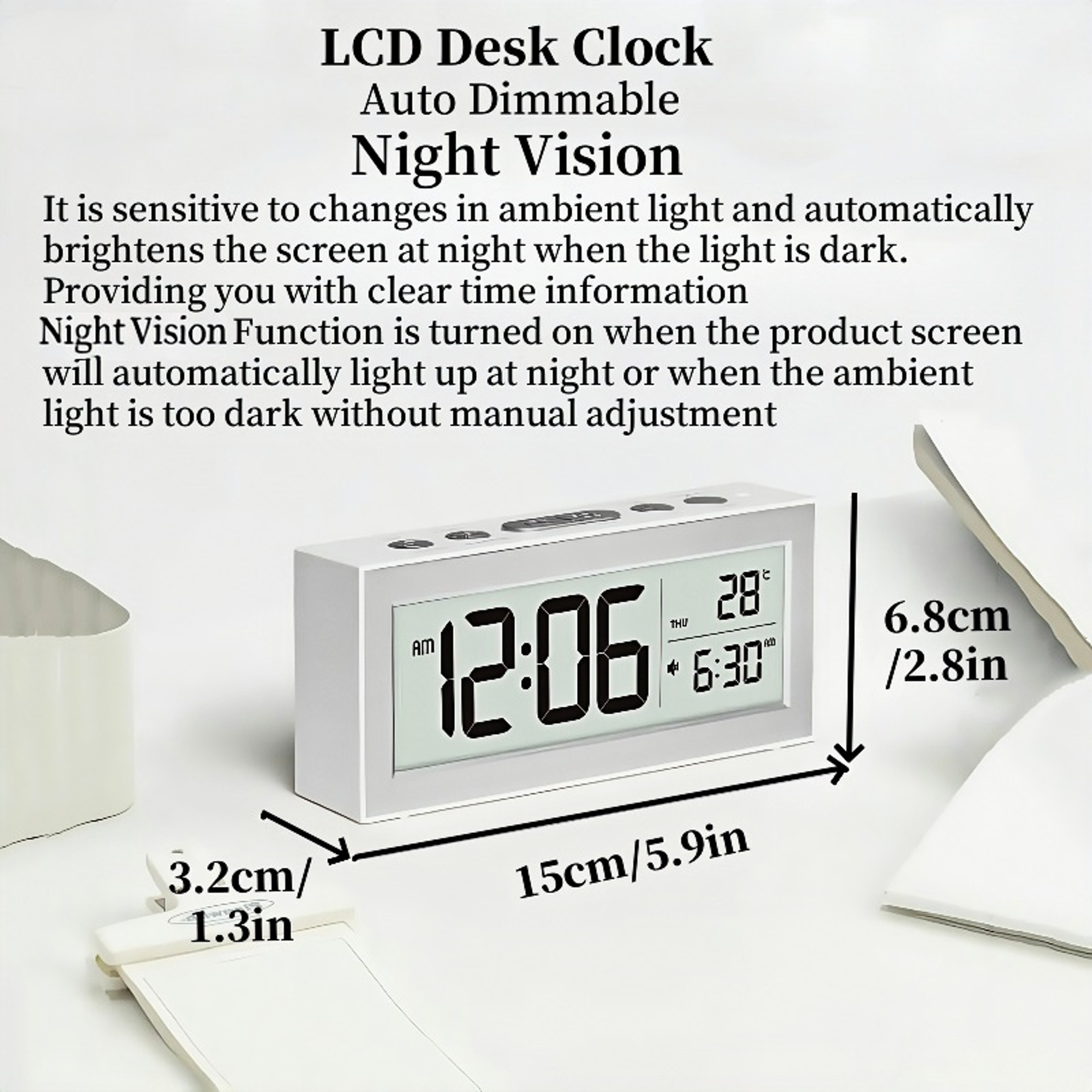 Battery Powered Digital Alarm Clock With LCD Display Temperature Date Auto Dimming Bedside Clock 3