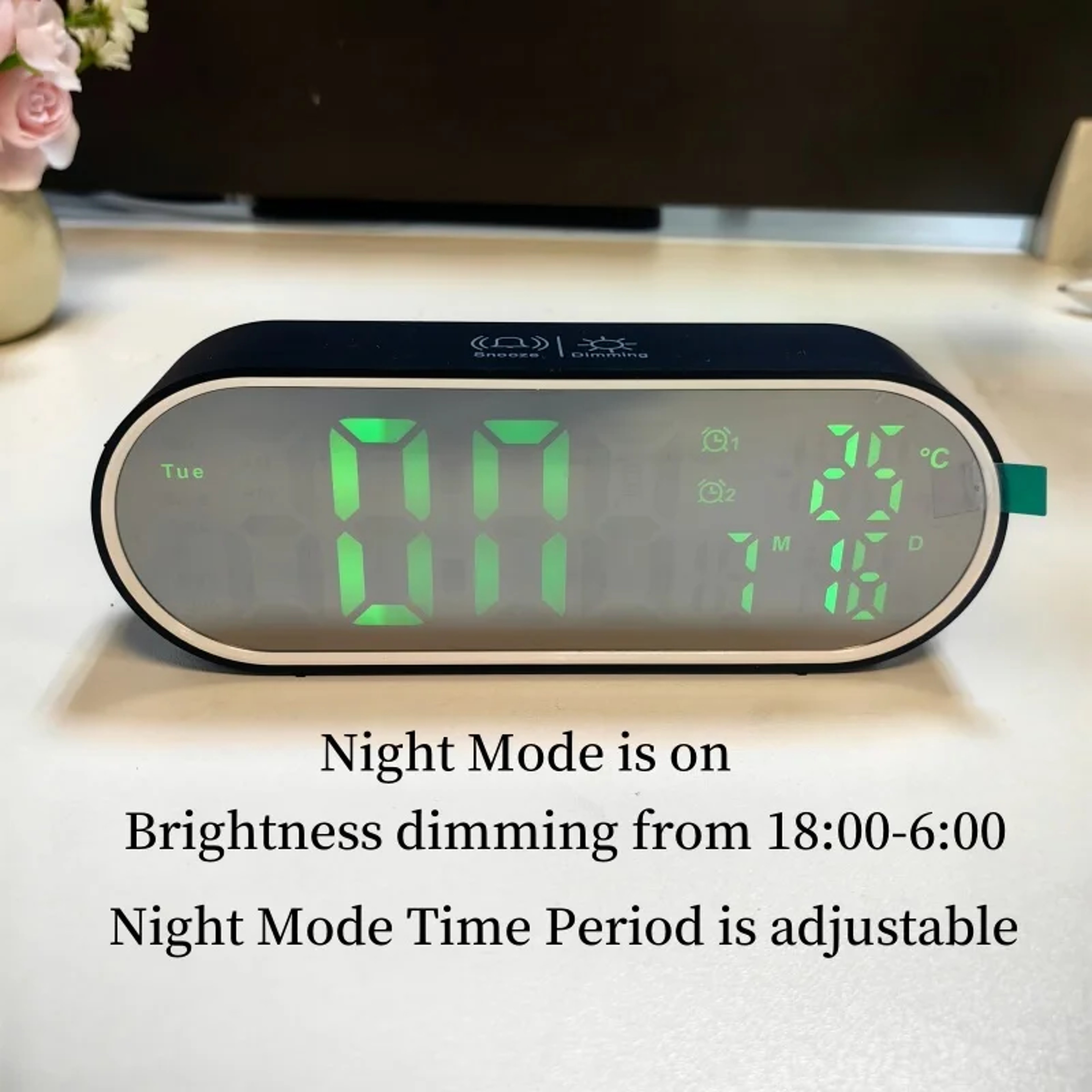 Rechargeable Digital Alarm Clock With LED Mirror Display Voice Control Dual Alarms And Temperature  8